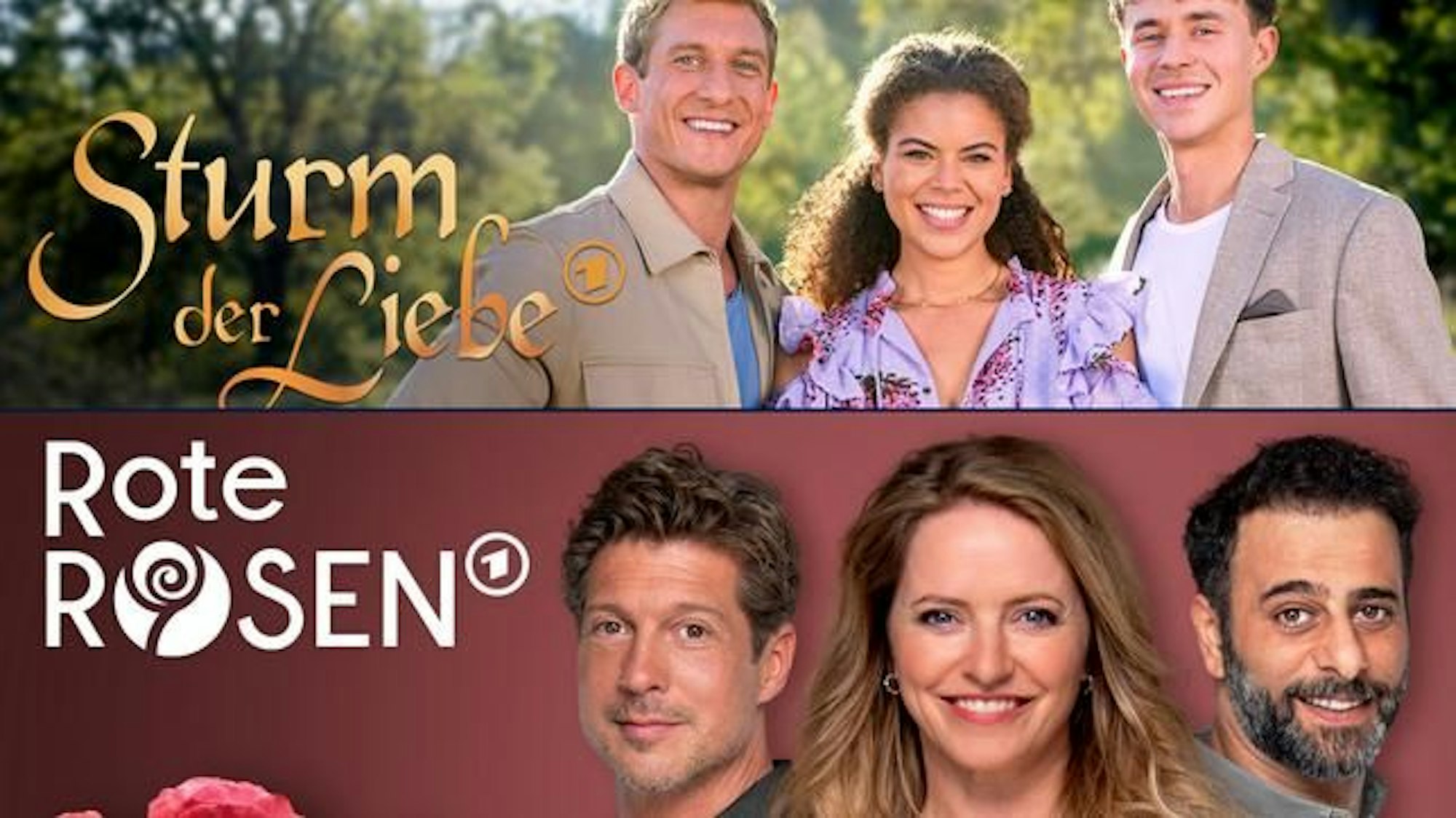 Logo von „Sturm der Liebe“ (oben) und „Rote Rosen“ (unten).