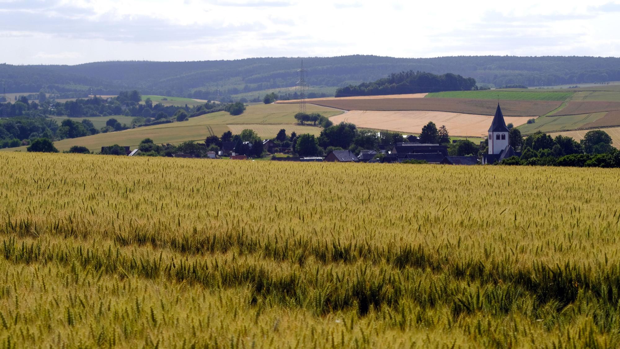 Blick von Hostel in Richtung Westen auf den Ort Glehn, dahinter befindet sich der Kermeter-Höhenzug.