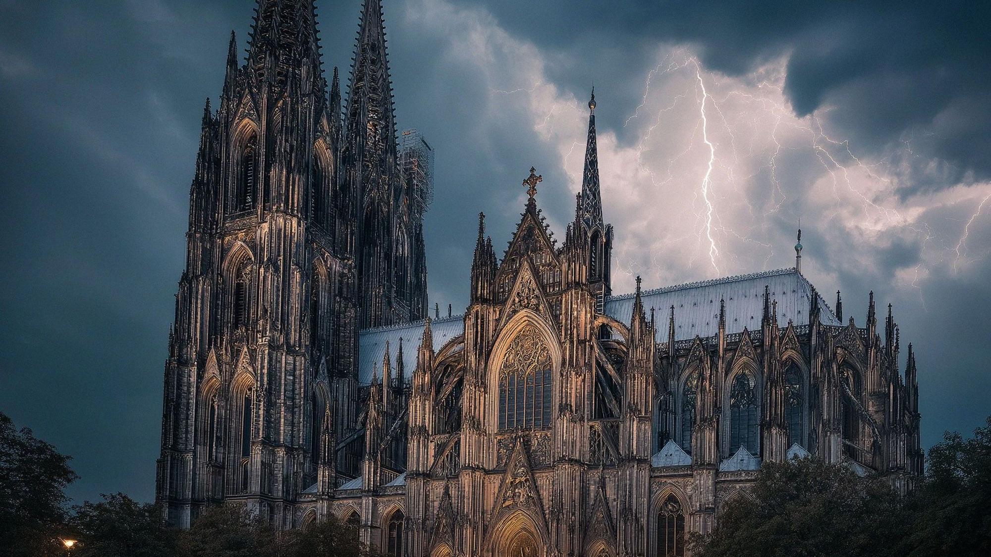 Über dem Kölner Dom schlägt ein Blitz ein. (Bild mit KI erstellt)