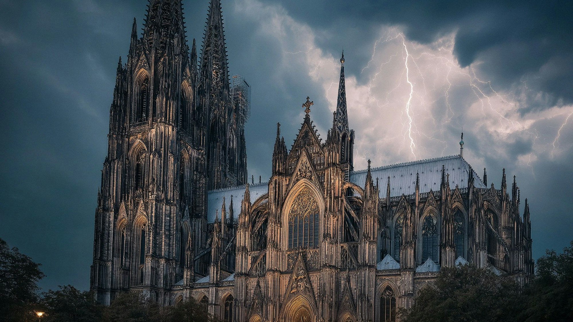 Über dem Kölner Dom schlägt ein Blitz ein. (Bild mit KI erstellt)