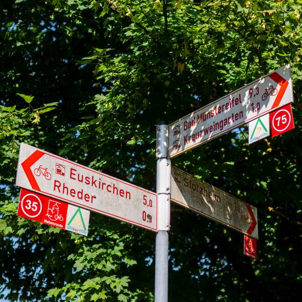 Halb von Bäumen verdeckt sind weiß-rote Hinweischilder für Radfahrwege im Kreis Euskirchen.