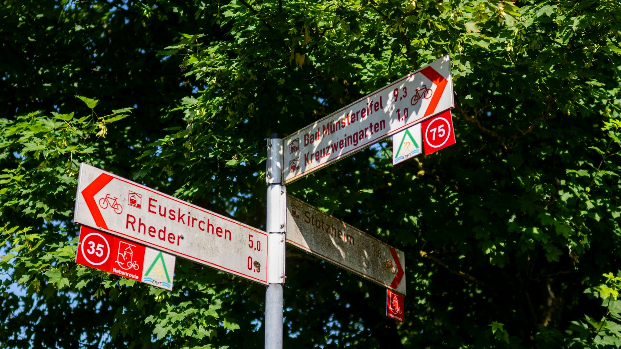 Schilder zeigen den Weg nach Euskirchen und Rheder in die eine und nach Bad Münstereifel und Kreuzweingarten in die andere Richtung.