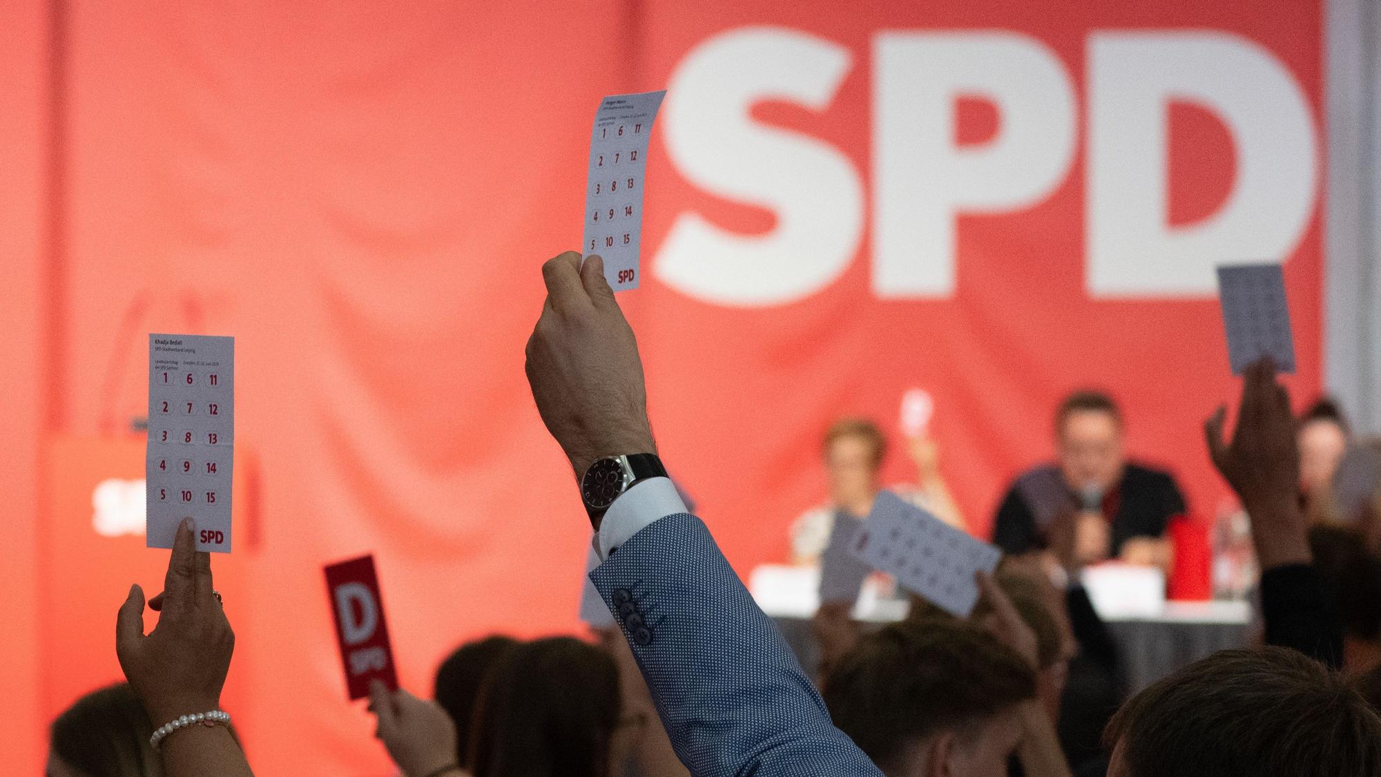 Die Delegierten eines Landesparteitags halten während einer Abstimmung Stimmkarten hoch.