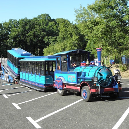 Ein türkis-blauer Zug auf Rädern wird in Heimbach-Schwammenauel von einem Autotransporter gefahren.