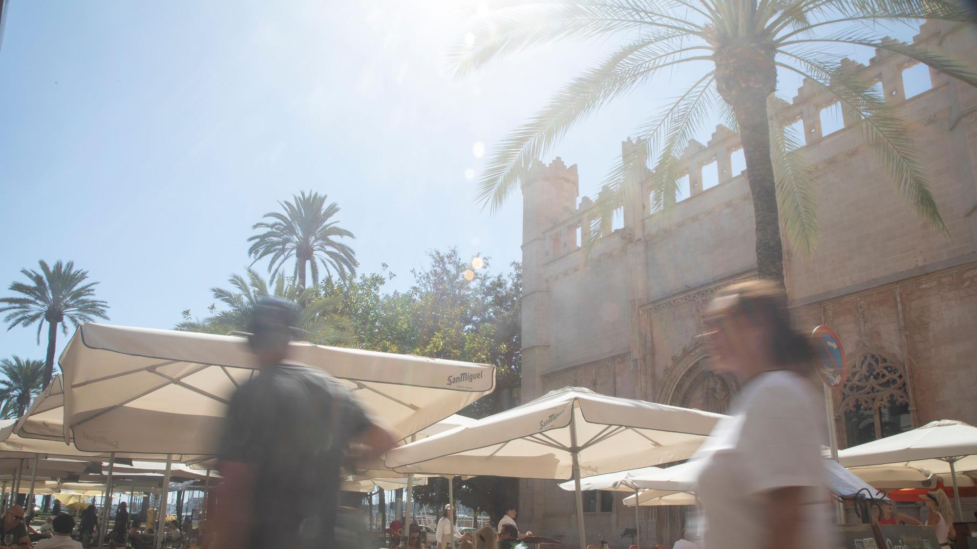 Menschen spazieren in der Innenstadt von Palma auf dem Platz Sa Llotja in Mallorca. Von Ende Mai bis zum kommenden Montag herrscht in Spanien eine frühlingshafte Hitzewelle mit Temperaturen über 40 Grad.