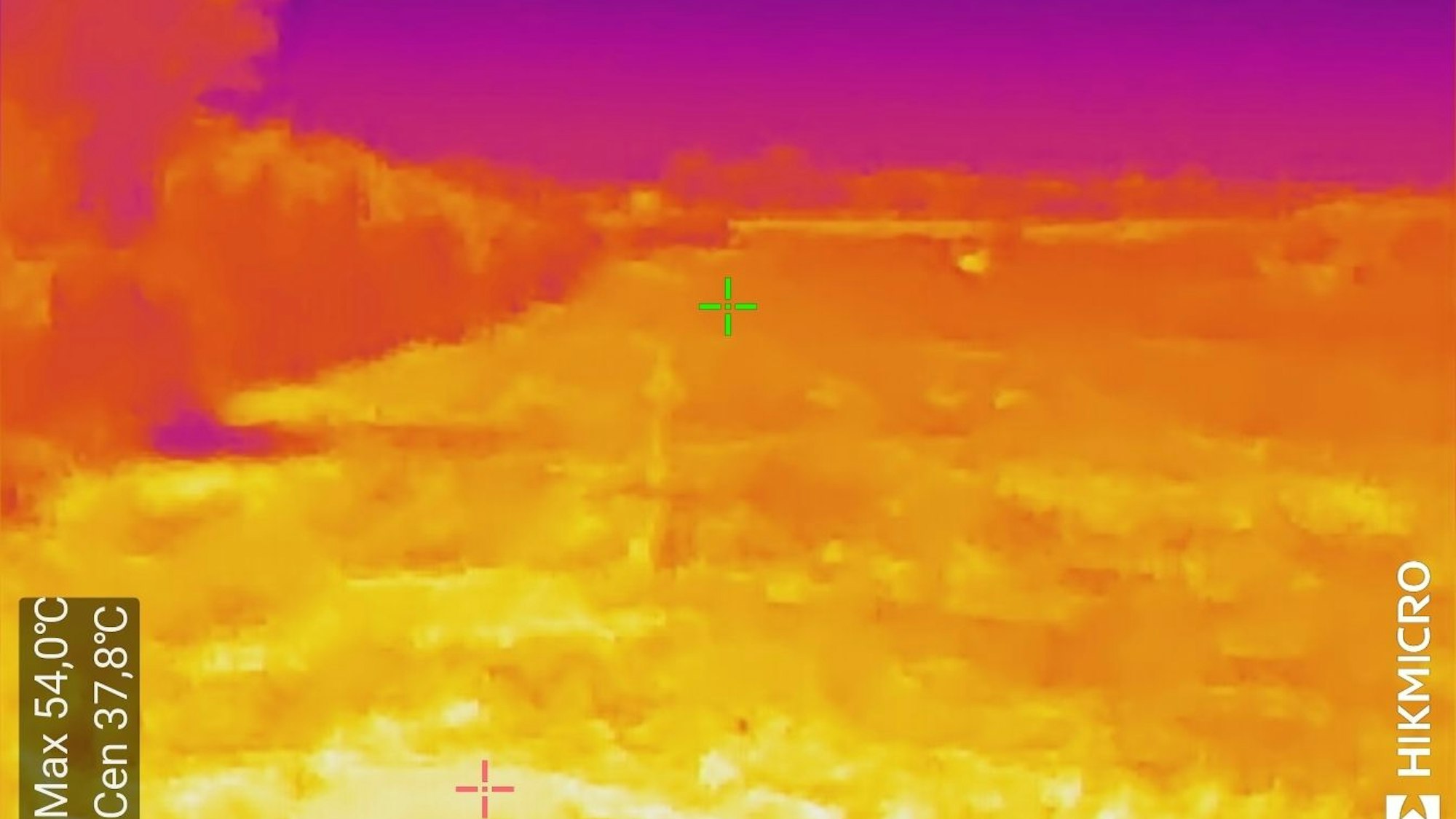 Der Hitzemesser zeigt: Bis zu 54 Grad kann es in der prallen Sonne in dder Hangelar Heide heiß werden.