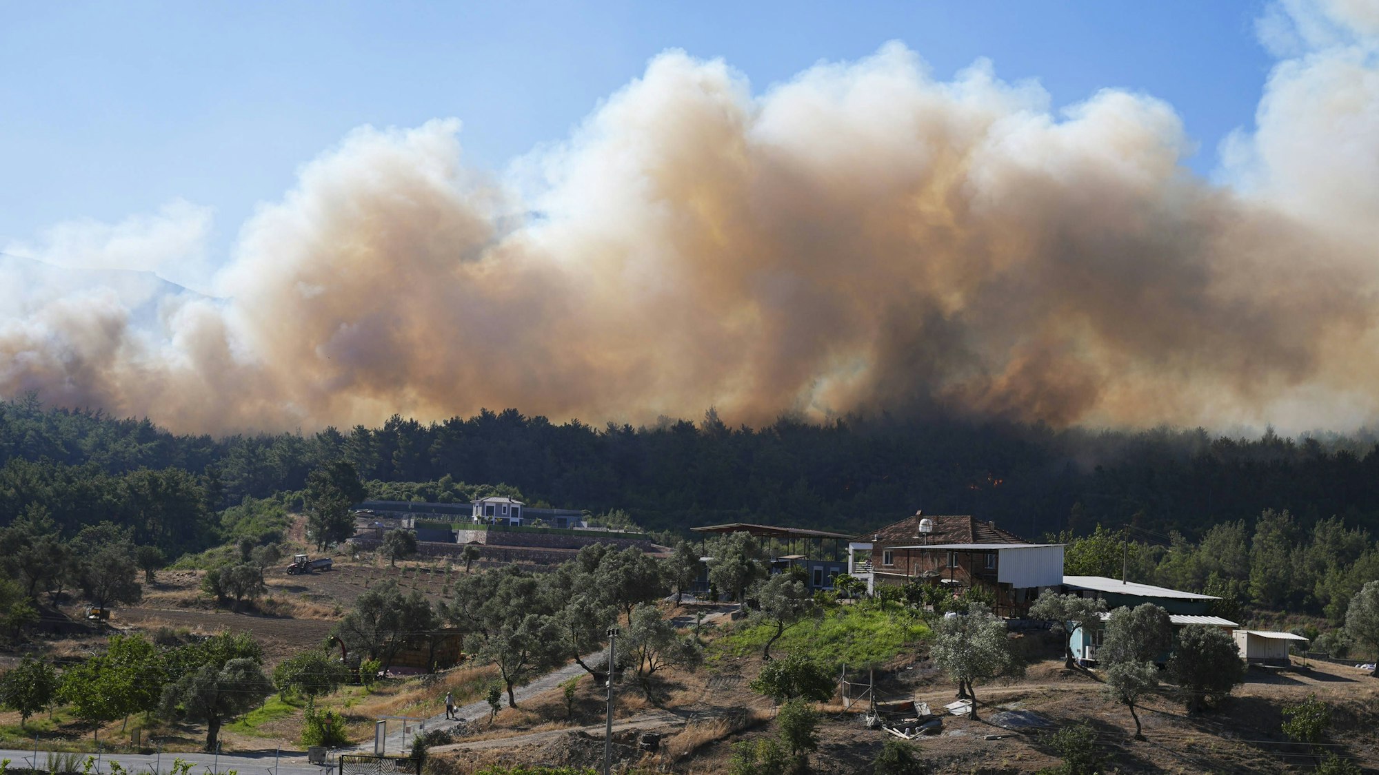 Löscharbeiten in Izmir: Feuerwehrkräfte kämpfen am Boden und aus der Luft gegen massive Waldbrände im Bezirk Menderes – dichter Rauch erschwert den Einsatz.