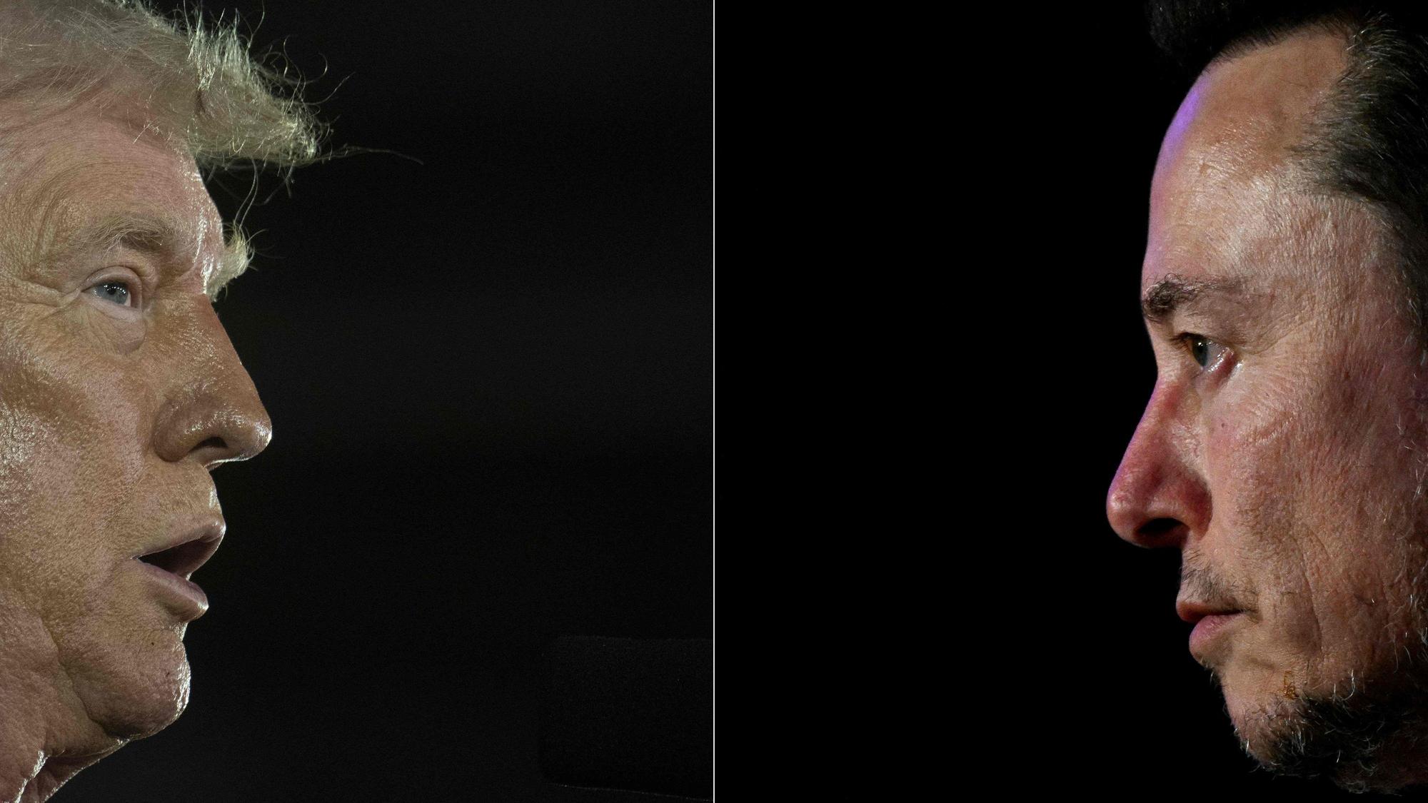 Bildzusammenschnitt von US-Präsident Trump (li) und Tech-Milliadär Elon Musk (r) im Profil.