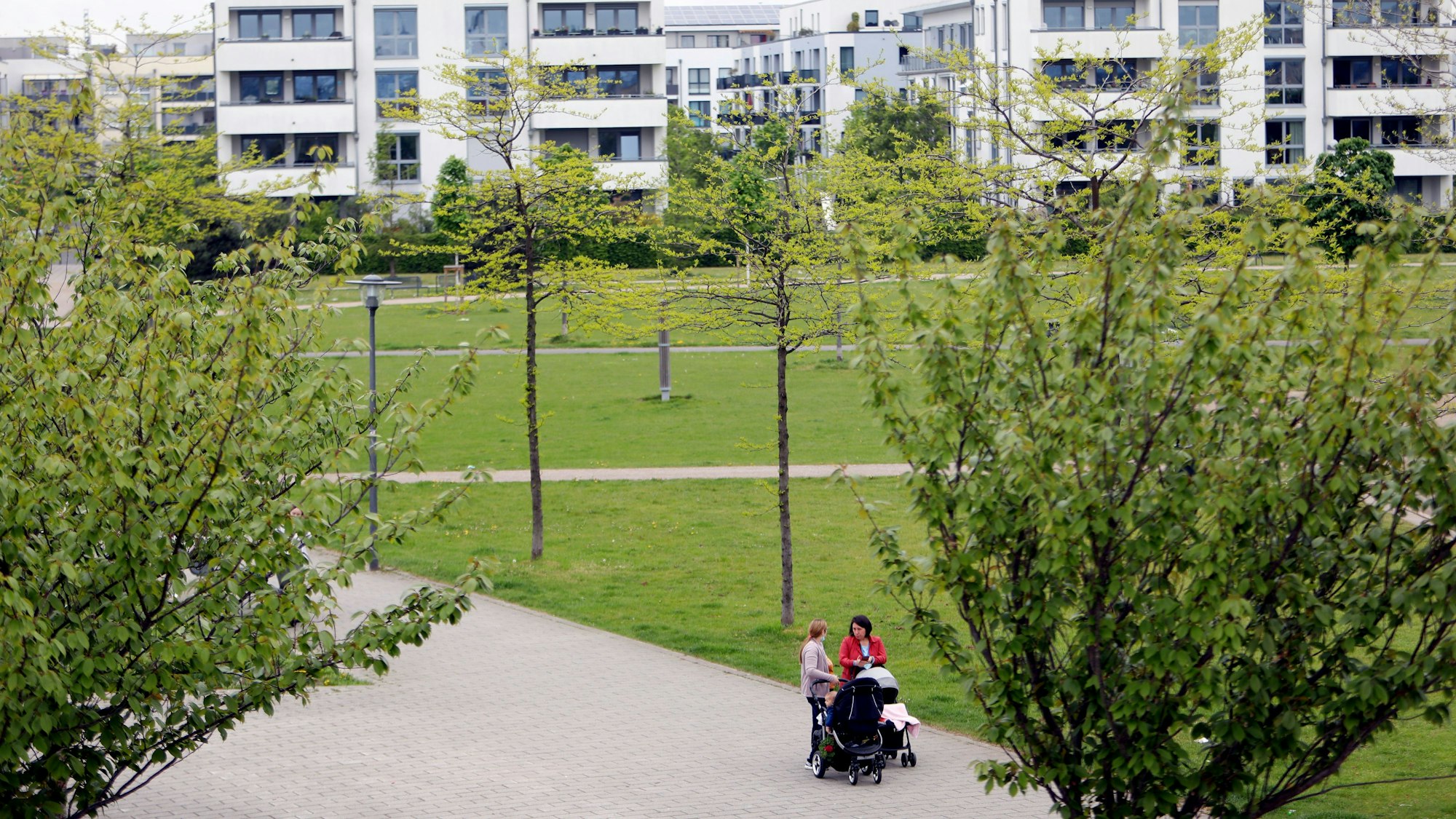 Eine grüne Wiese mit ein paar Bäumen, zwei Frauen mit Kinderwagen gehen spazieren.