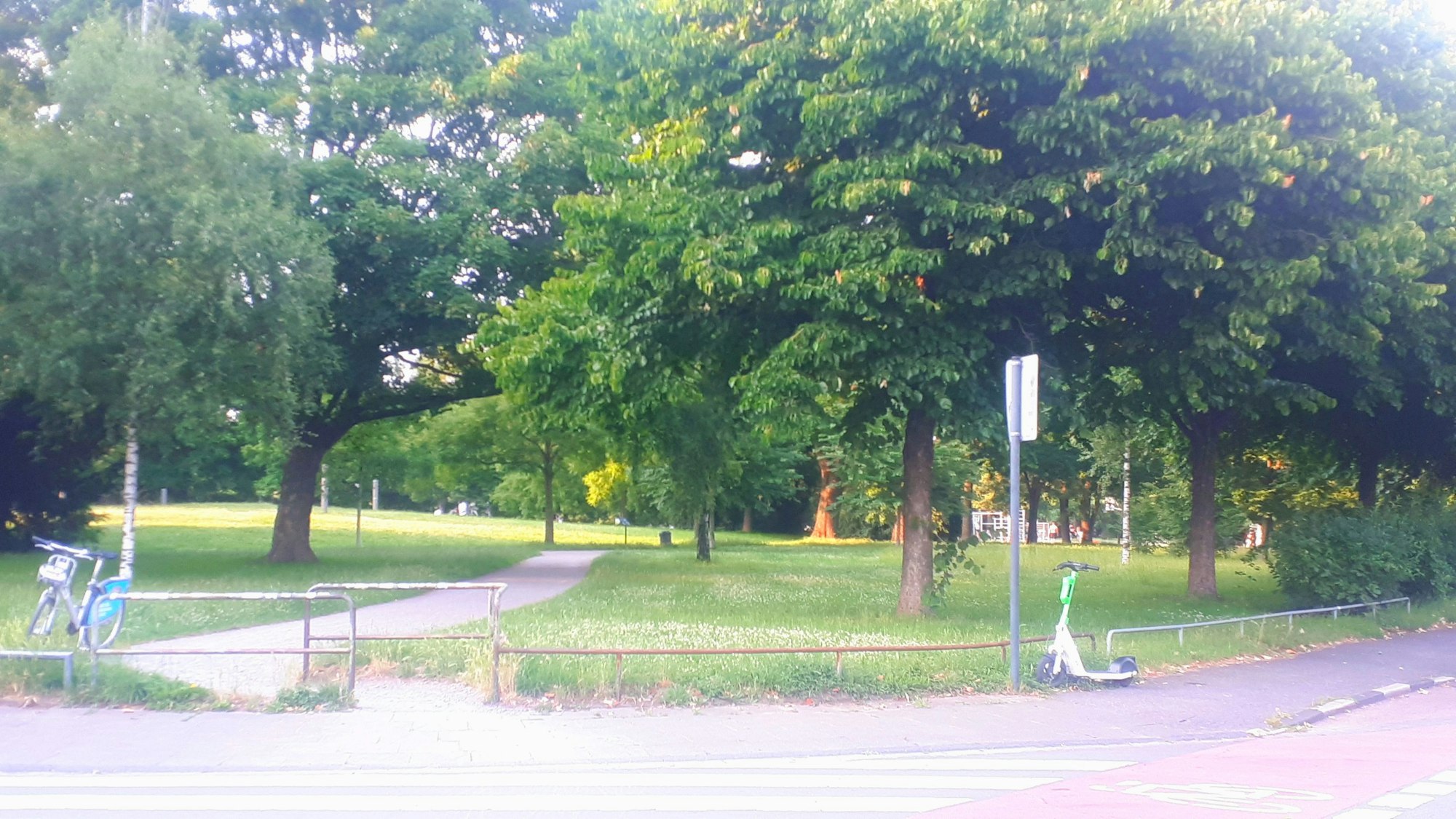 Eine Stelle im Lohsepark in Nippes. Zu sehen sind Bäume und Wiese an einer Straße. Am Wegrand steht ein Fahrrad und ein E-Scooter.