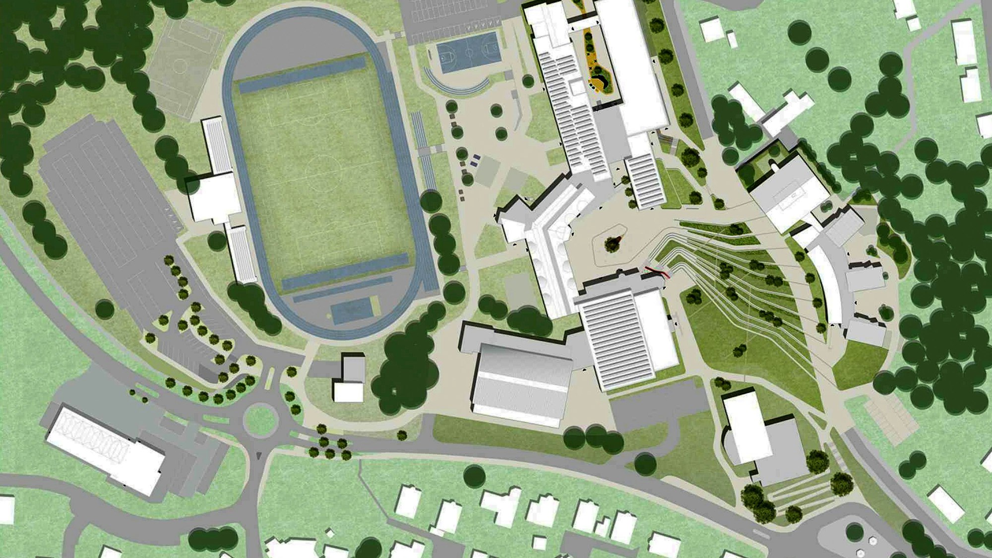 So soll der Bereich der Gouvieuxstraße mit dem neuen Verkehrskreisel (unten links) nach der Neuordnung aussehen.