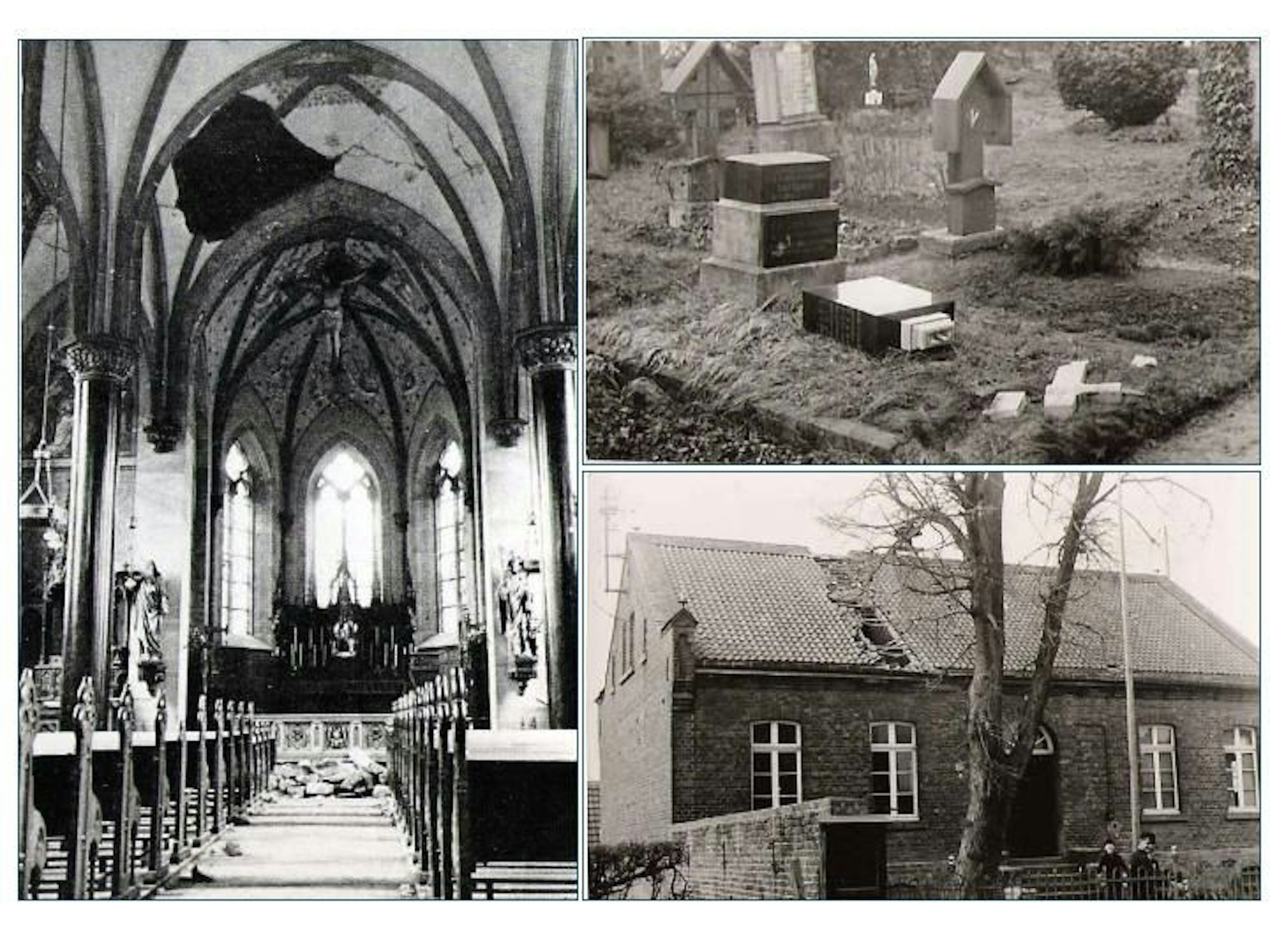 Eine Collage aus drei Bildern zeigt Schäden des Erdbebens 1951 an einer Kirche, einem Friedhof und einem Haus.