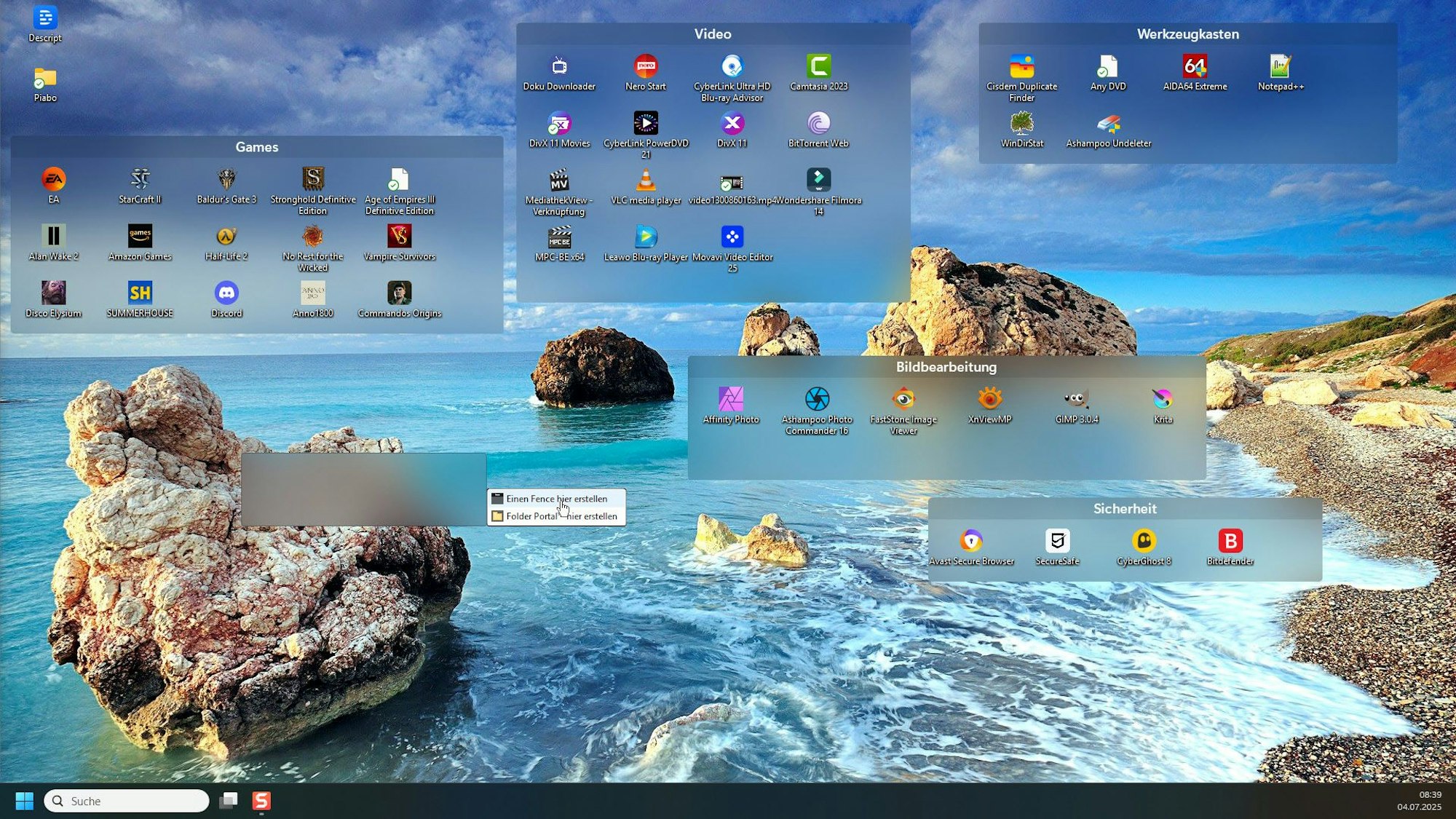 Aufgeräumter Desktop mit verschiedenen Boxen, in denen Programme sind.