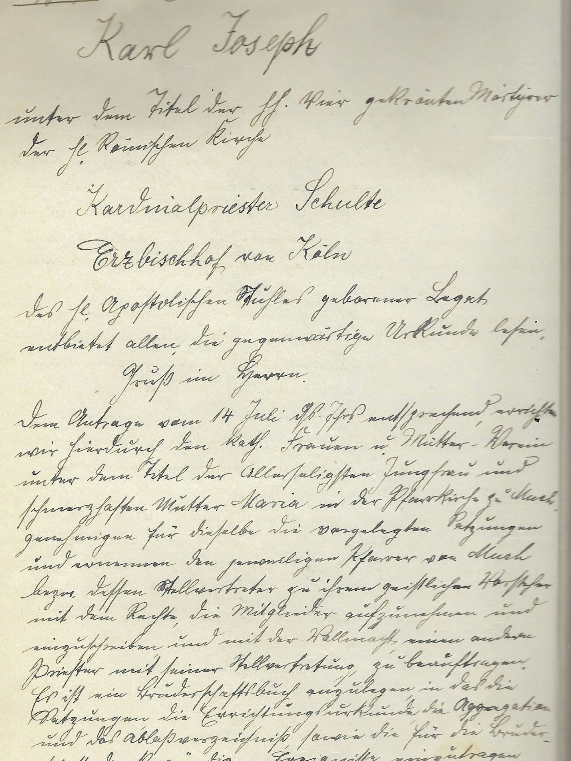 Die von Kardinal Schulte, Erzbischof von Köln, unterzeichnete Gründungsurkunde. Darin wurde unter anderem die "Pflicht zur gemeinschaftlichen monatlichen heiligen Communion und zu
anderen guten Werken an bedürftigen Mitgliedern" fixiert.