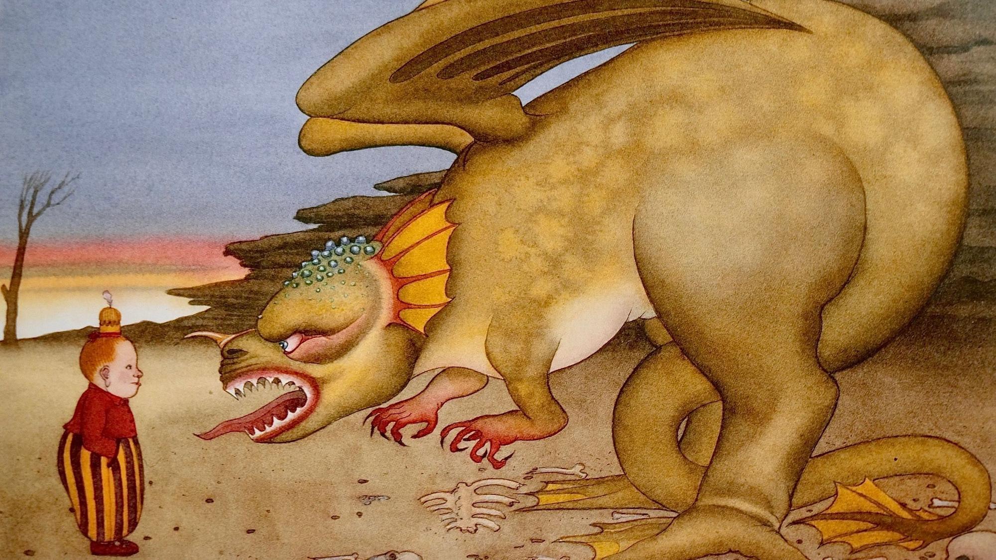 Ein kleines Mädchen steht einem riesigen Dinoartigen Monster gegenüber.
