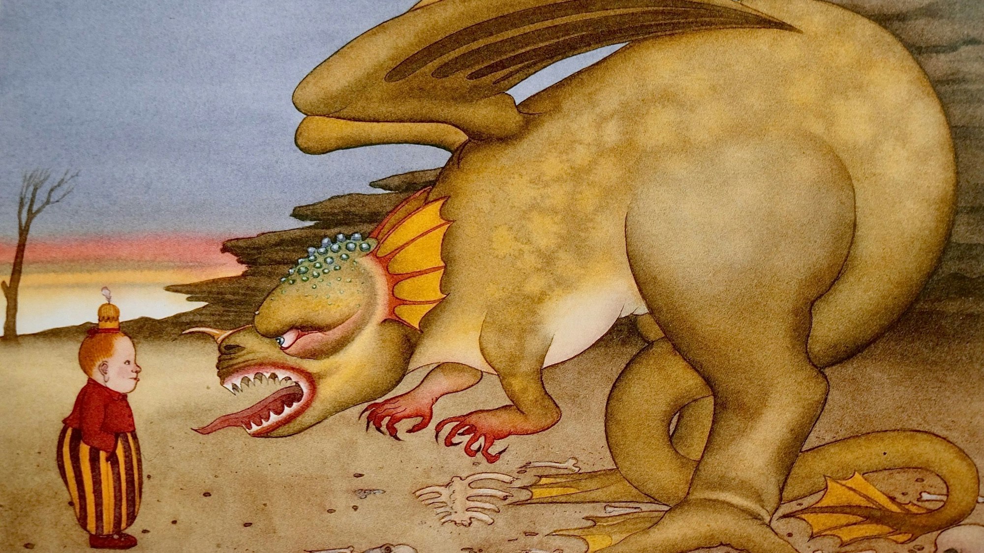 Ein kleines Mädchen steht einem riesigen Dinoartigen Monster gegenüber.