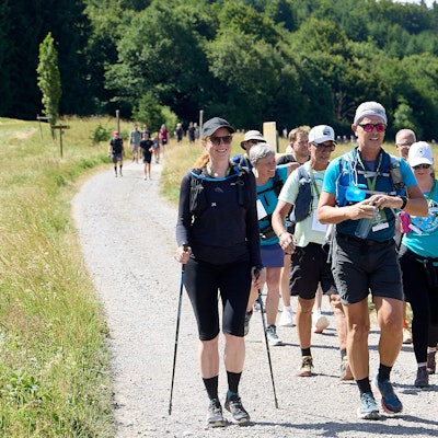 Das Bild zeigt Männer und Frauen in Wandermontur auf einem Weg am Waldrand.
