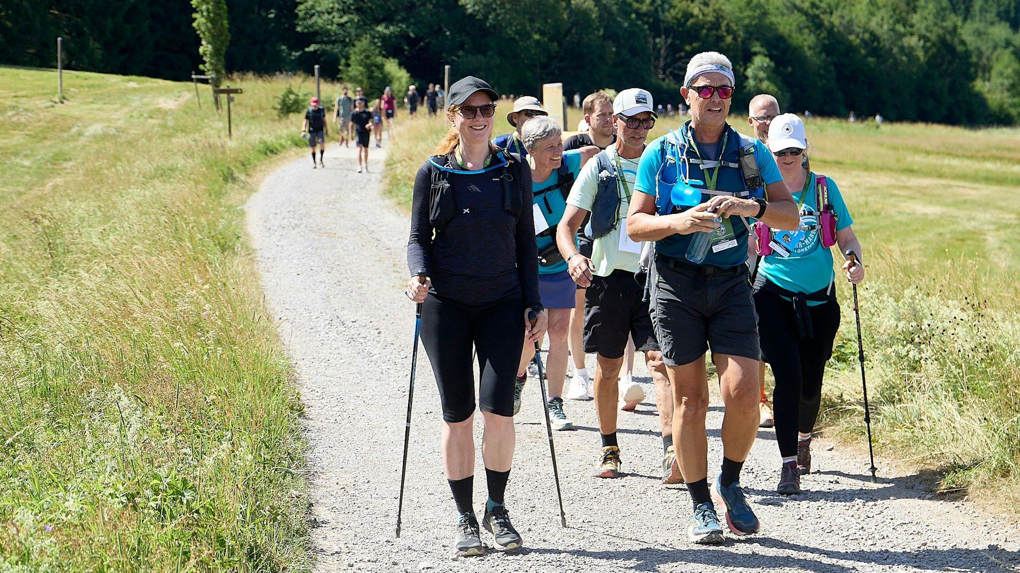 Das Bild zeigt Männer und Frauen in Wandermontur auf einem Weg am Waldrand.
