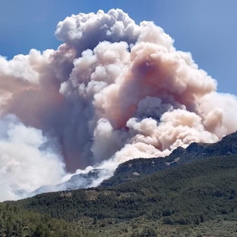 Auf diesem von Agents Rurals de Catalunya veröffentlichten Foto wütet ein unkontrolliertes Feuer im Wald von Pauls in der Provinz Tarragona.