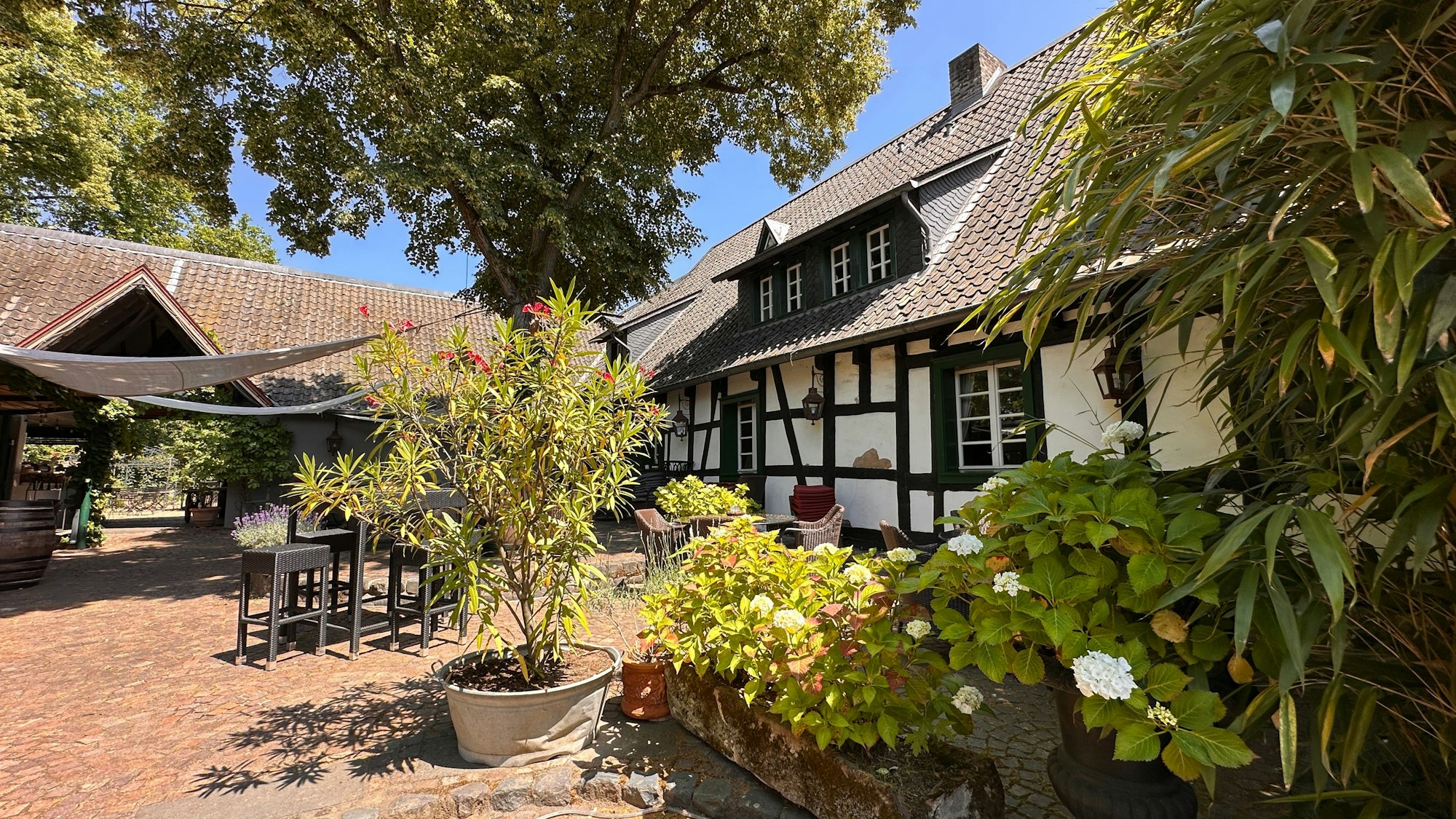 Ein Fachwerkhof mit Innenhof und blühenden Pflanzen ist zu sehen.