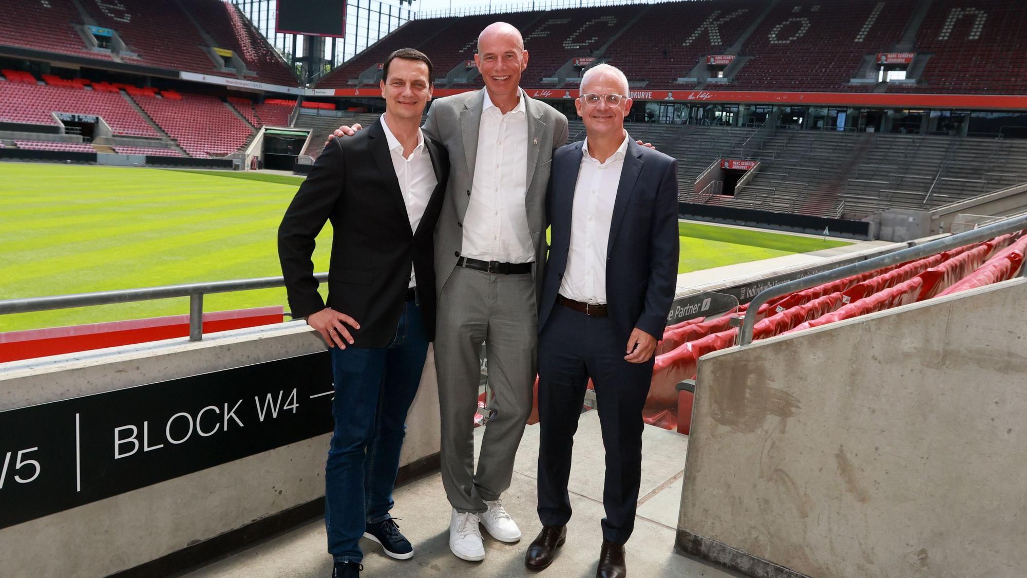 1. FC Köln, Pressekonferenz, der Mitgliederrat mit dem Vorsitzenden Daniel Schwab und seine Stellvertreterin Stacy Krott stellen ihre Kandidaten für den im Herbst zu wählenden Vorstand vor: Jörn Stobbe als Präsident, Prof. Dr. Ulf Sobek und Dr. Jörg Alvermann als Vizepräsidenten, 11.06.2025, Bild: Herbert Bucco