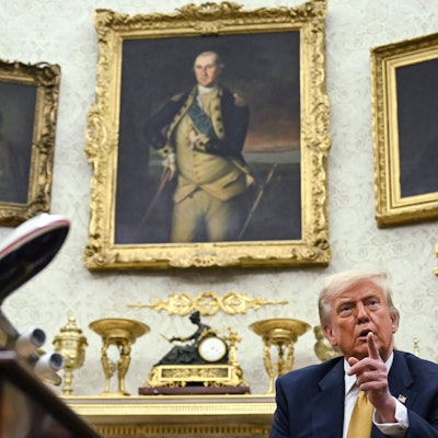 US President Donald Trump speaks during a meeting with Bahraini Crown Prince Salman bin Hamad al-Khalifa in the Oval Office of the White House in Washington, DC, on July 16, 2025. (Photo by ANDREW CABALLERO-REYNOLDS / AFP)