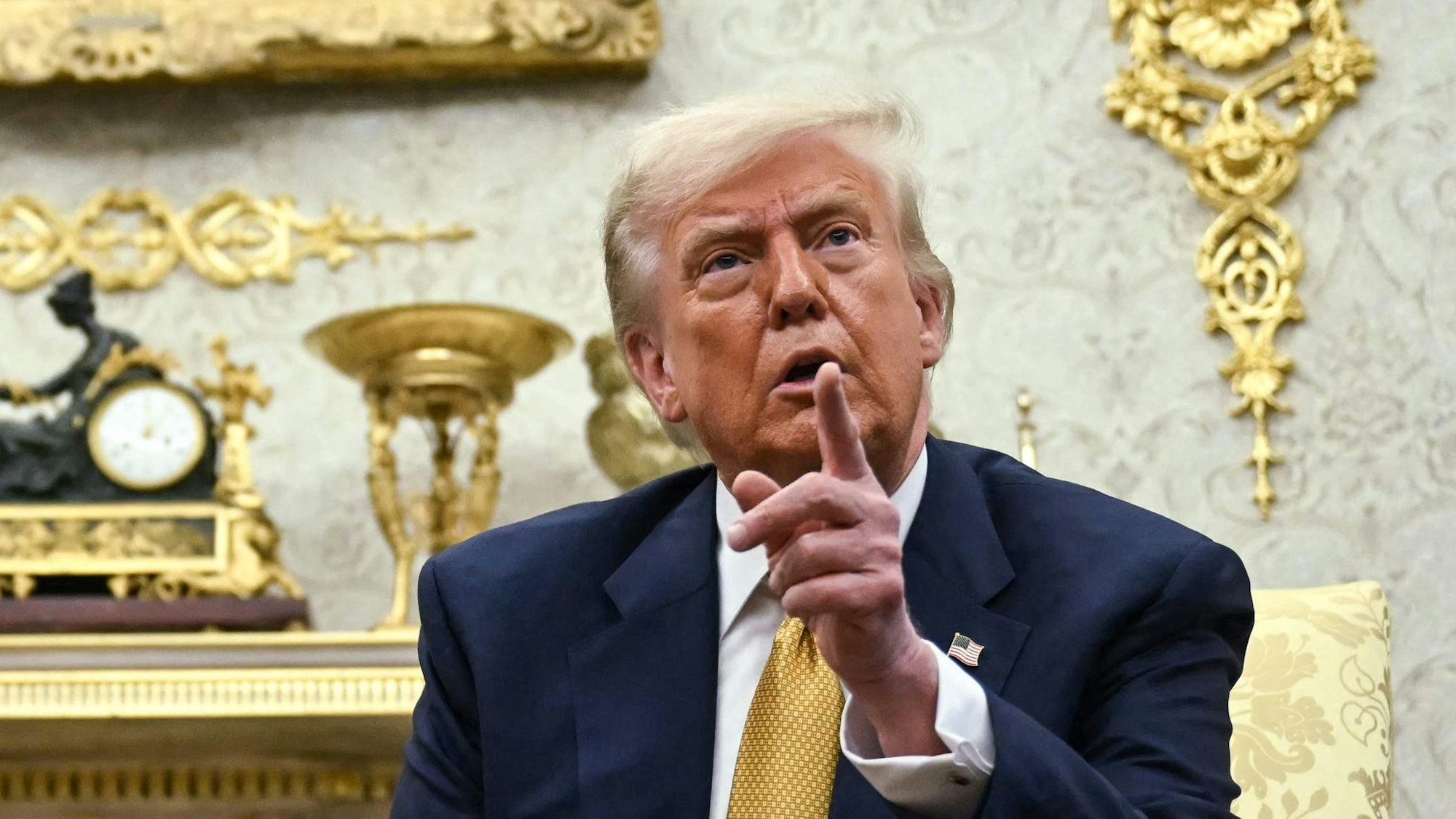 US President Donald Trump speaks during a meeting with Bahraini Crown Prince Salman bin Hamad al-Khalifa in the Oval Office of the White House in Washington, DC, on July 16, 2025. (Photo by ANDREW CABALLERO-REYNOLDS / AFP)