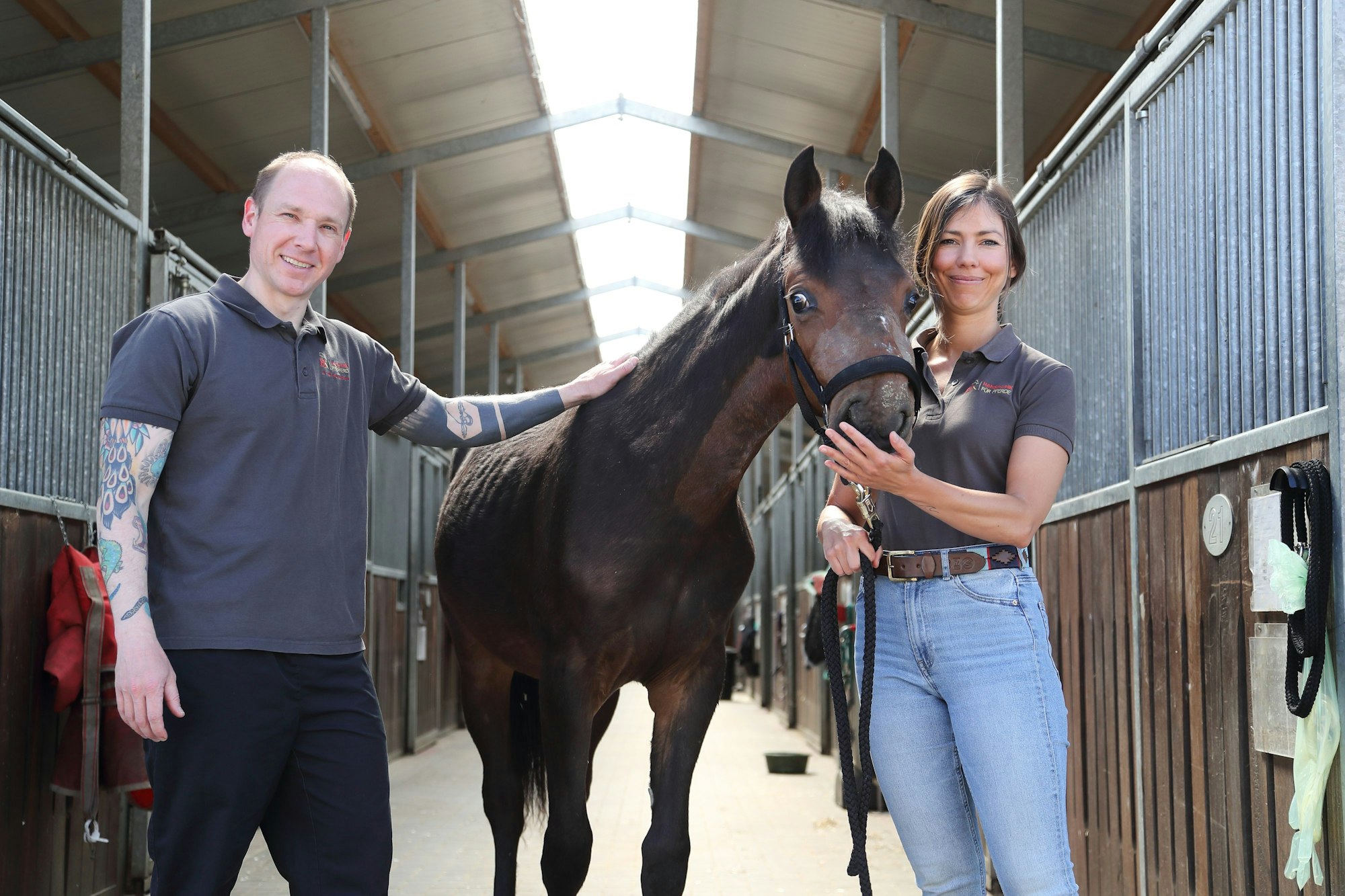 Die behandelnden Tierärzte der Hanseklinik für Pferde in Sittensen, Olivier Brandenberger und Andrea Noguera, stehen mit Clippy in der Stallgasse.
