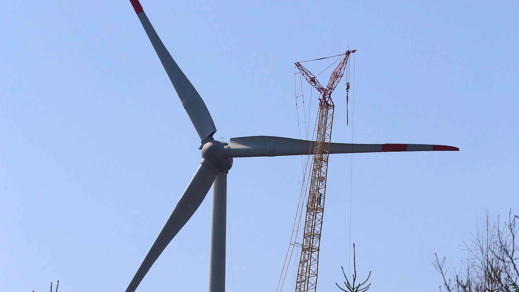 Das Bild zeigt ein Windrad, dahinter steht ein Baukran.