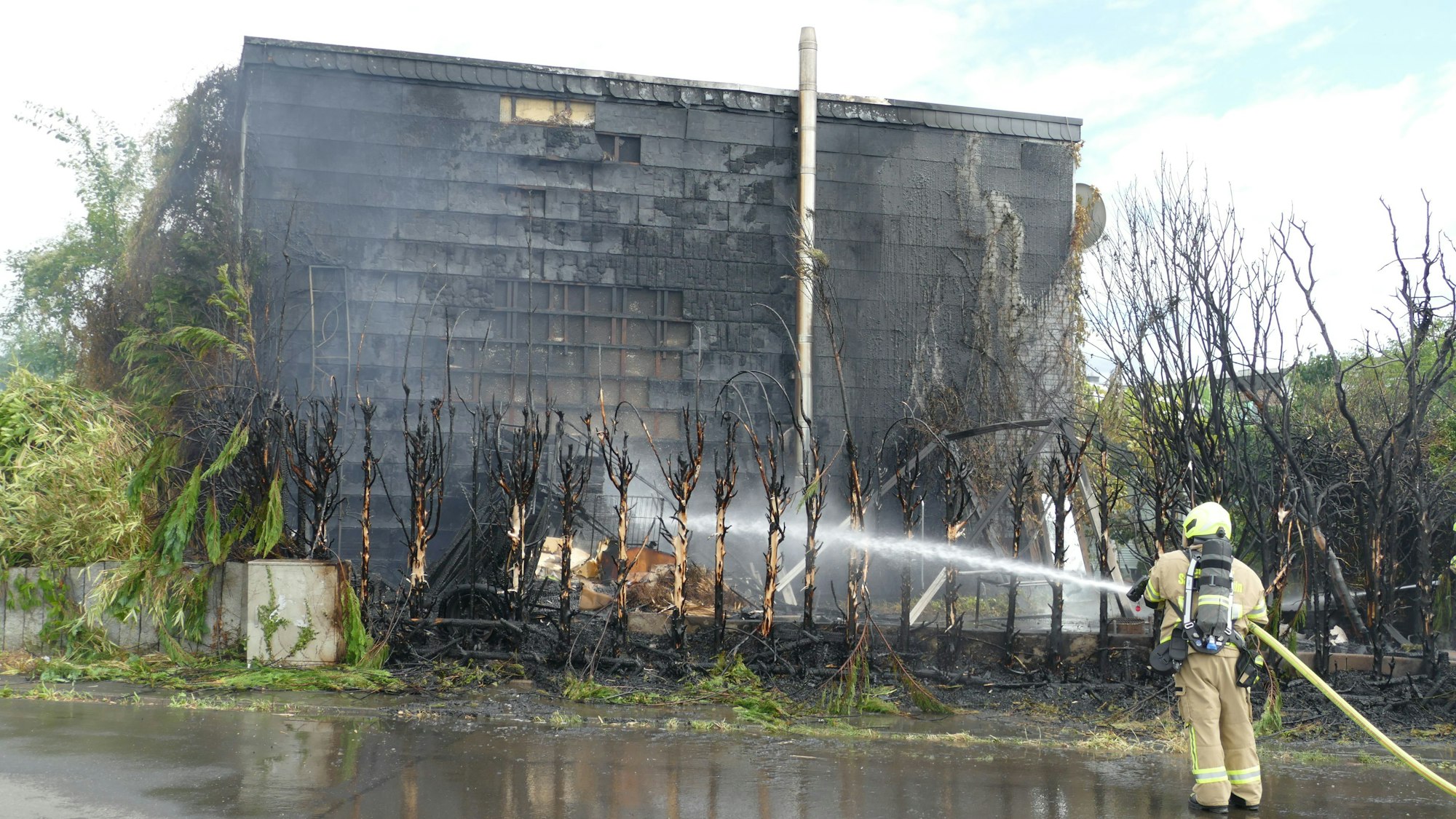 Das Feuer griff von der Hecke auf die Hausfassade über.