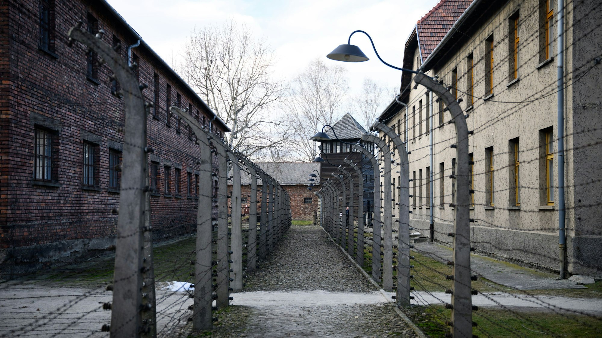 ARCHIV - 27.01.2025, Polen, Oswiecim: Zahlreiche Gebäude und Stacheldrahtbarrieren stehen im ehemaligen deutschen Konzentrationslager Auschwitz