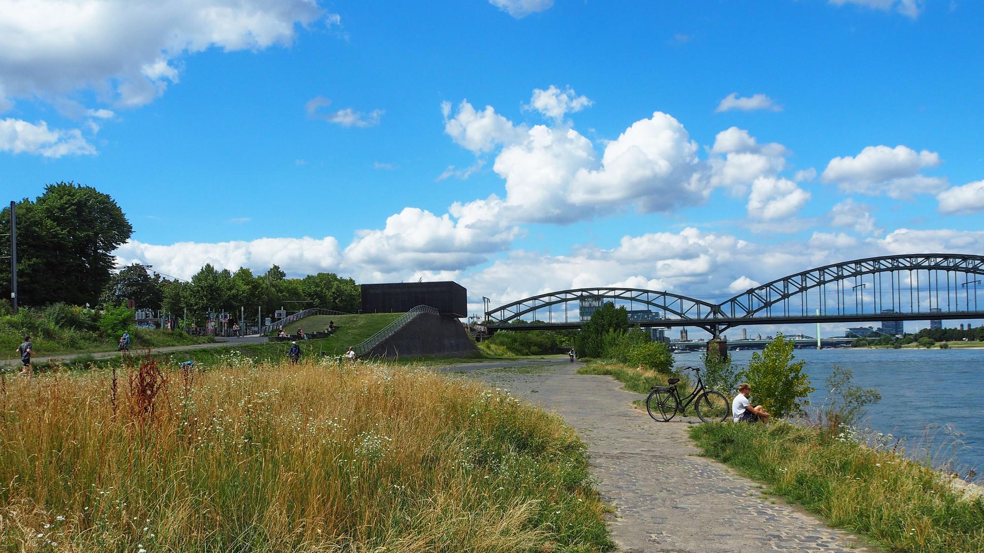 Rheinufer mit Blick auf Südbrücke und Kranhäuser.