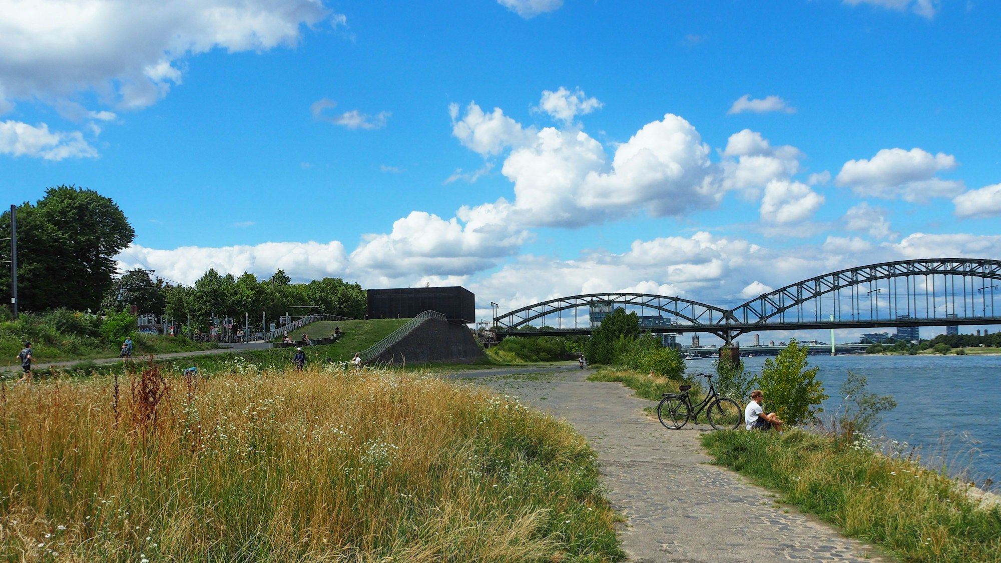 Rheinufer mit Blick auf Südbrücke und Kranhäuser.