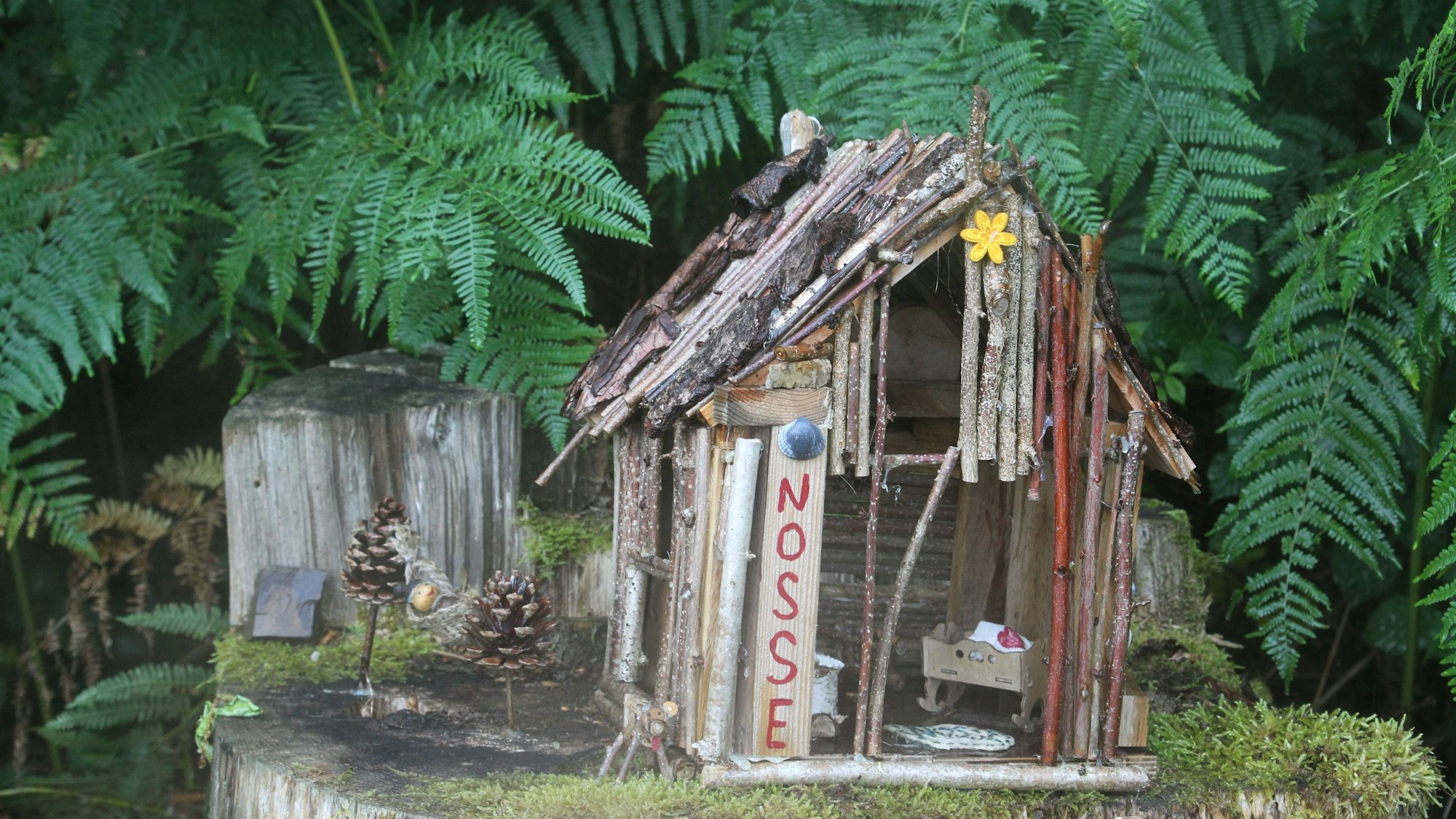 Nosse chillt in der Hängematte. Im Haus liegt ein Wichtel in einem kleinen Bettchen.