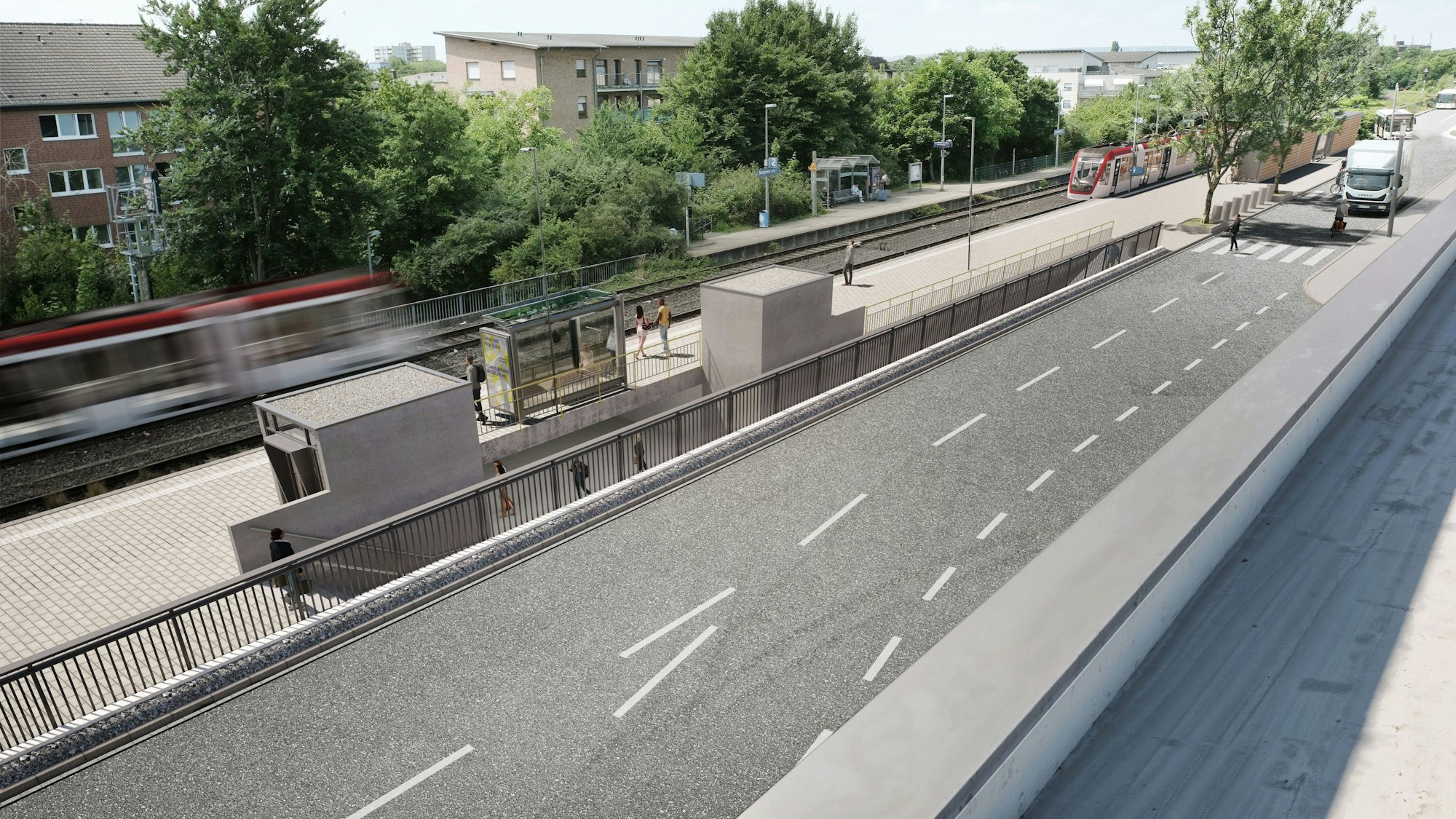 Das Bild zeigt den Bahnsteig, die beiden Fahrzüge und die Rampe. Mit einer Unterführung sollen Reisende auf die andere Seite des Gleises kommen.