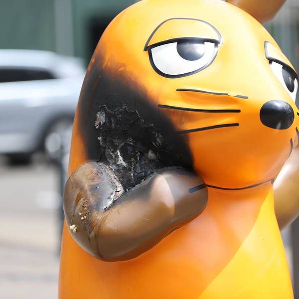 Mit einem großen Brandfleck steht die Maus vor dem WDR-Gebäude.