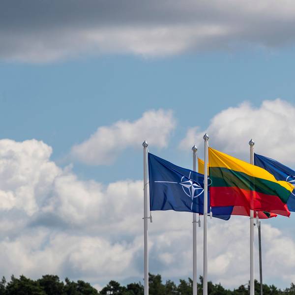 Flaggen der NATO-Mitgliedsländer wehen im Wind vor dem Veranstaltungsort des NATO-Gipfels in Vilnius. (Archivbild)