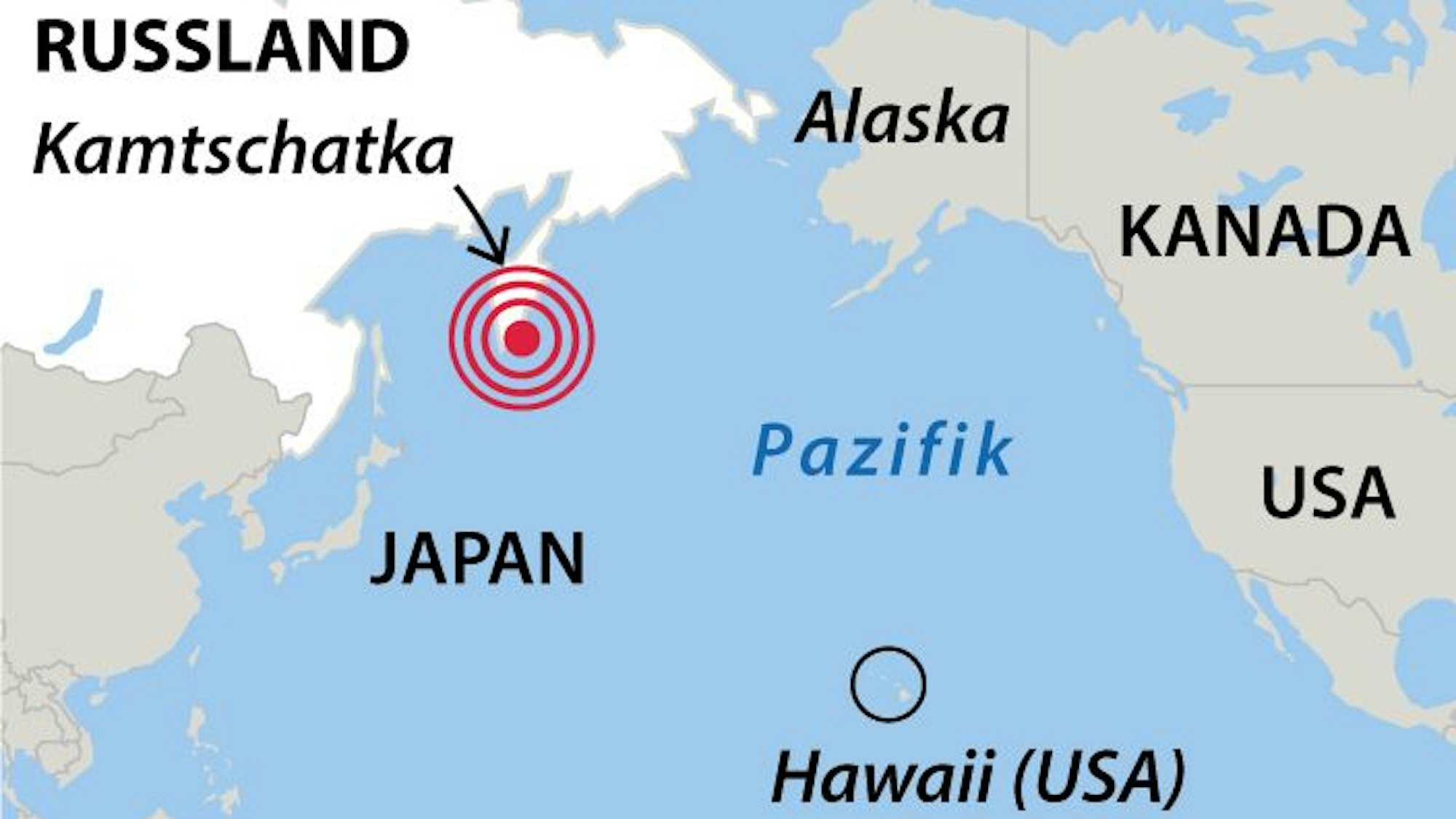 Lokalisation des Erdbebens vor der Halbinsel Kamtschatka, Russland.