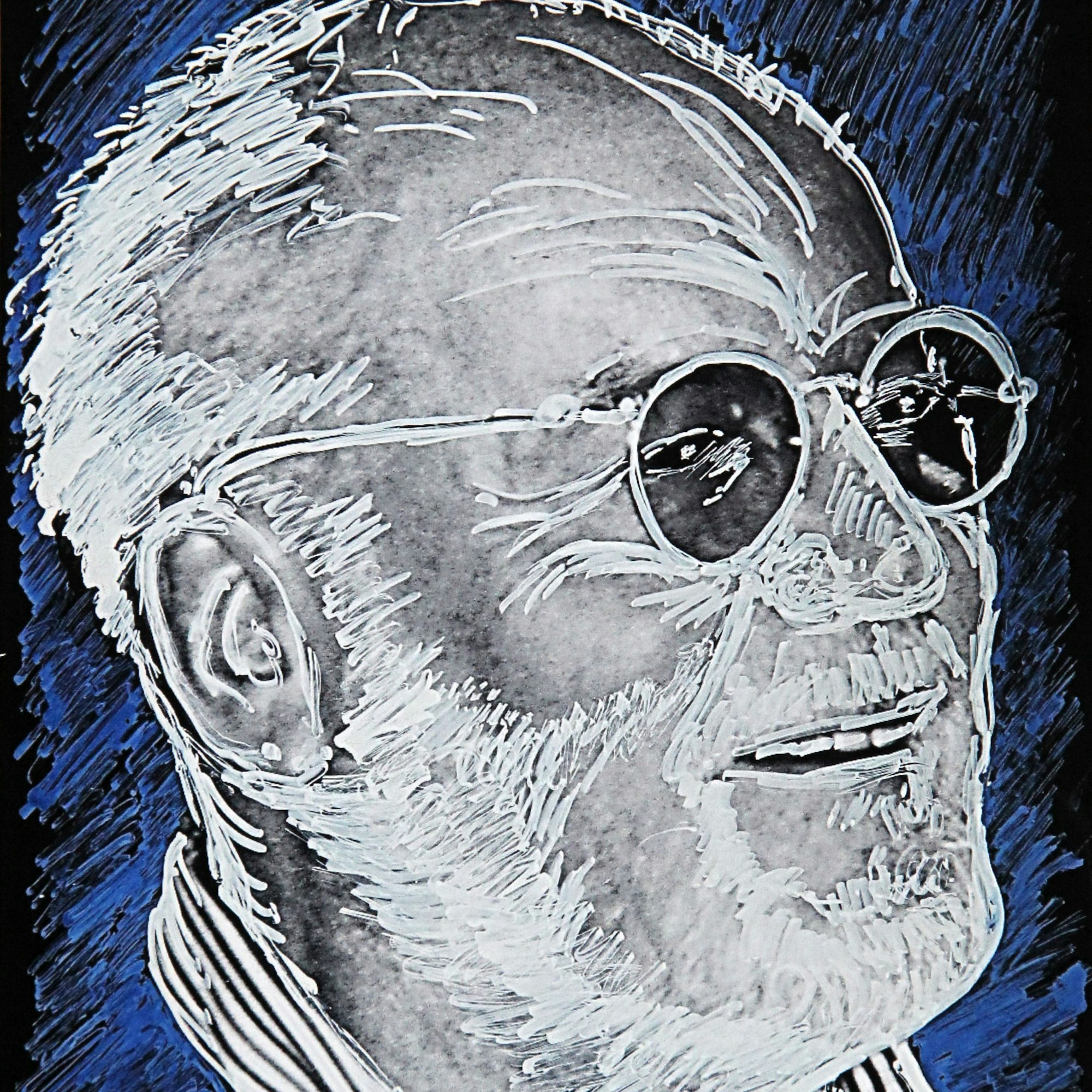 Mit Acryl-Farbe bearbeitete Wolf-Rüdiger Weisbach dieses Porträt von Hanns Dieter Hüsch.