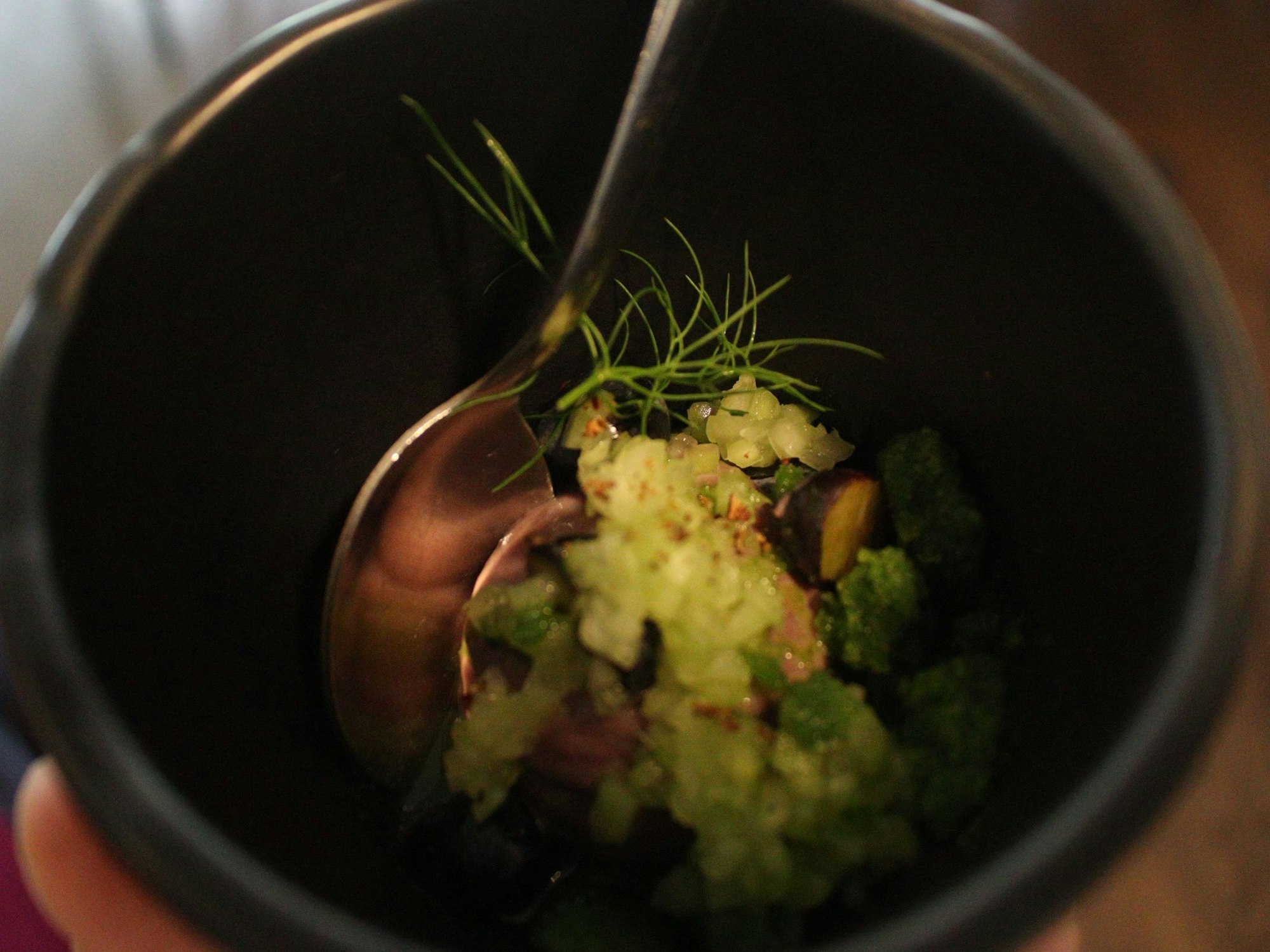 Ein Blick in den Dessertbecher zeigt den Nachtisch. Obenauf sind die Gurken und der Dill zu erkennen.