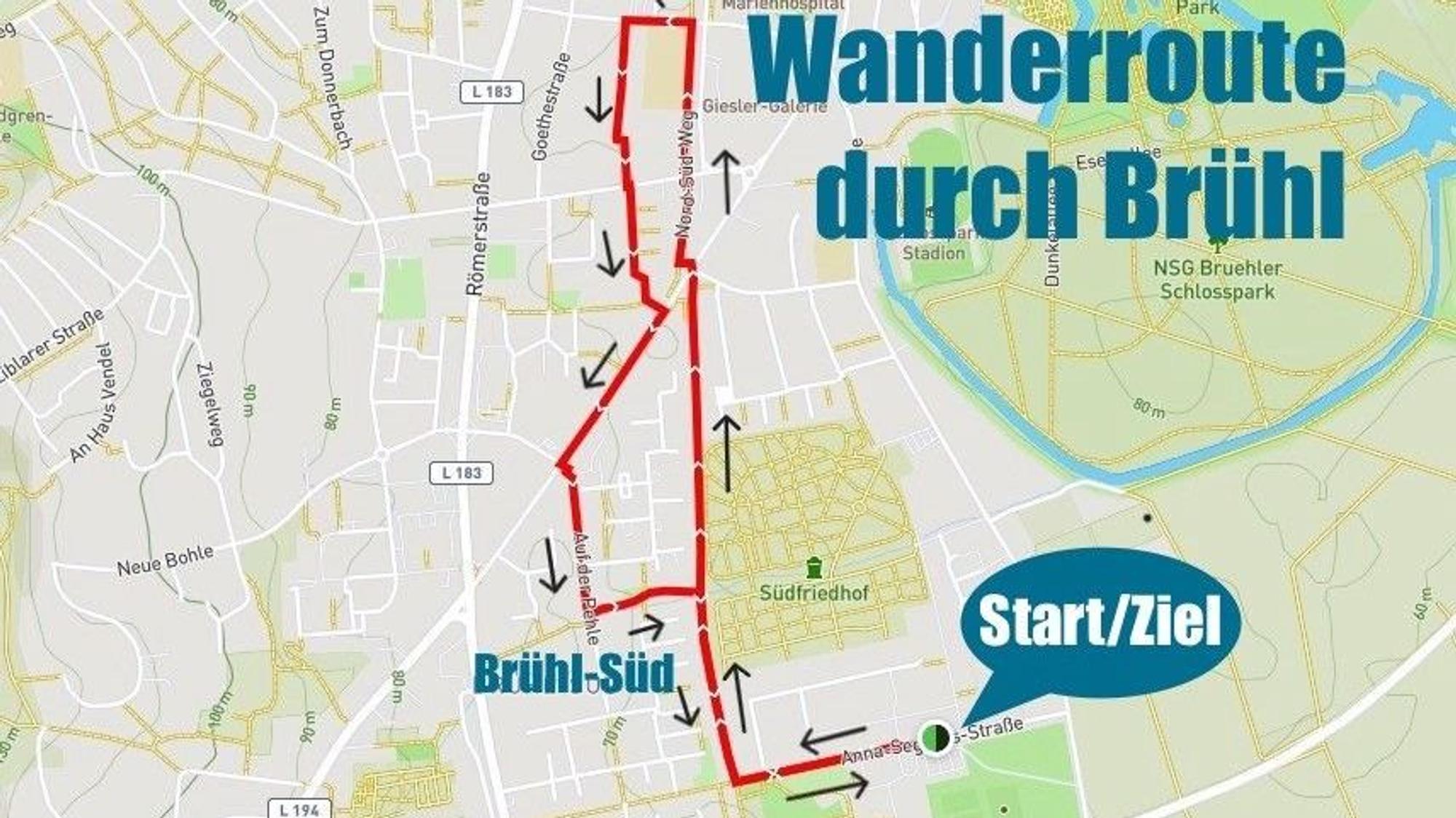 Zu sehen ist die Grafik einer Wanderung durch Brühl.