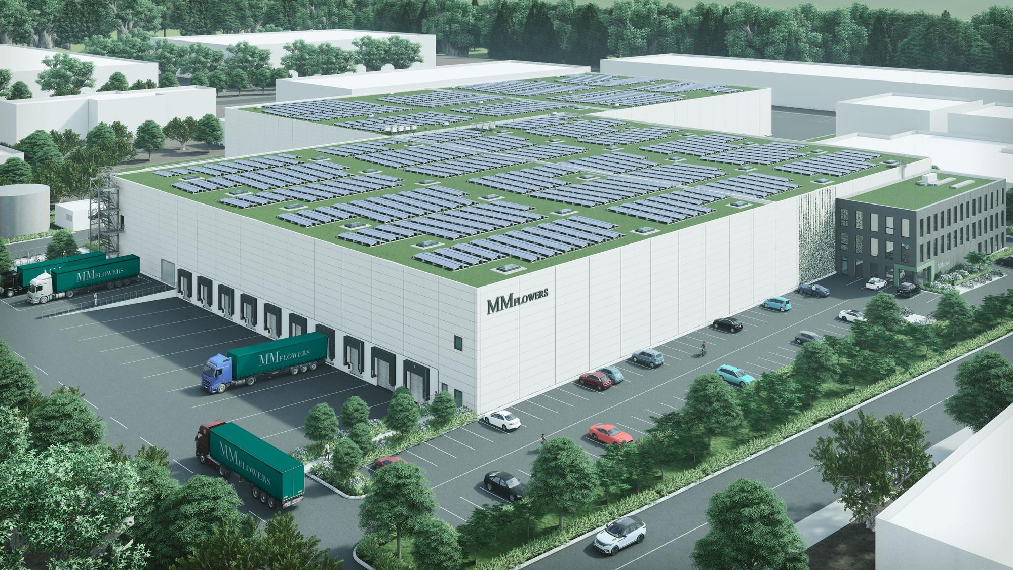 Die Visualisierung zeigt den großen Hallenkomplex mit den PV-Anlagen auf den beiden Dächern sowie die Anfahrzonen der Lkw und Parkplätze.