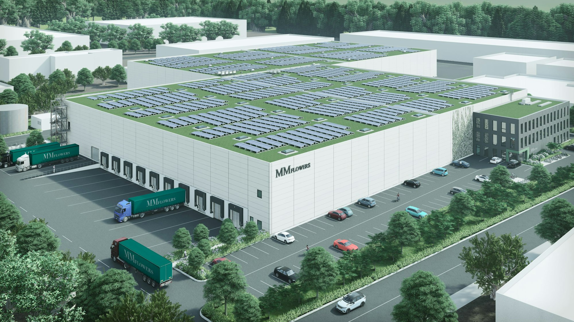 Die Visualisierung zeigt den großen Hallenkomplex mit den PV-Anlagen auf den beiden Dächern sowie die Anfahrzonen der Lkw und Parkplätze.