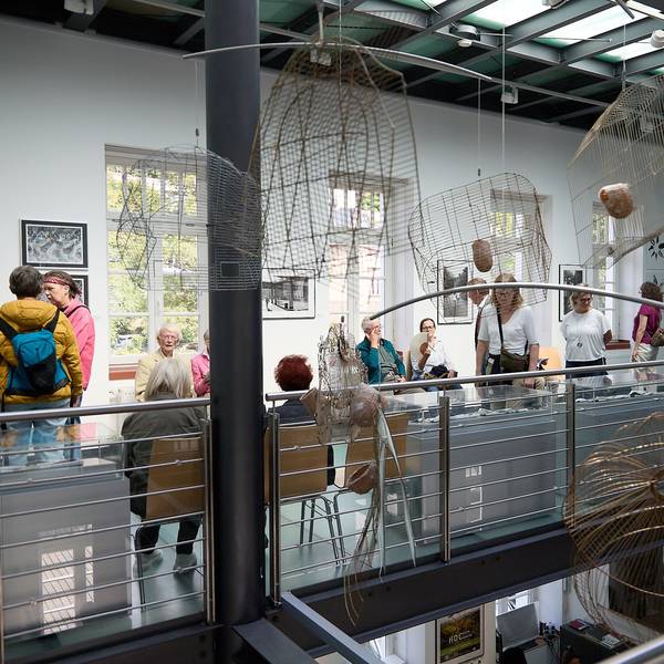 Menschen, die die Ausstellung besuchen, stehen und sitzen vor Kunstinstallationen, unter anderem zusammengedrückten Vogelkäfigen.