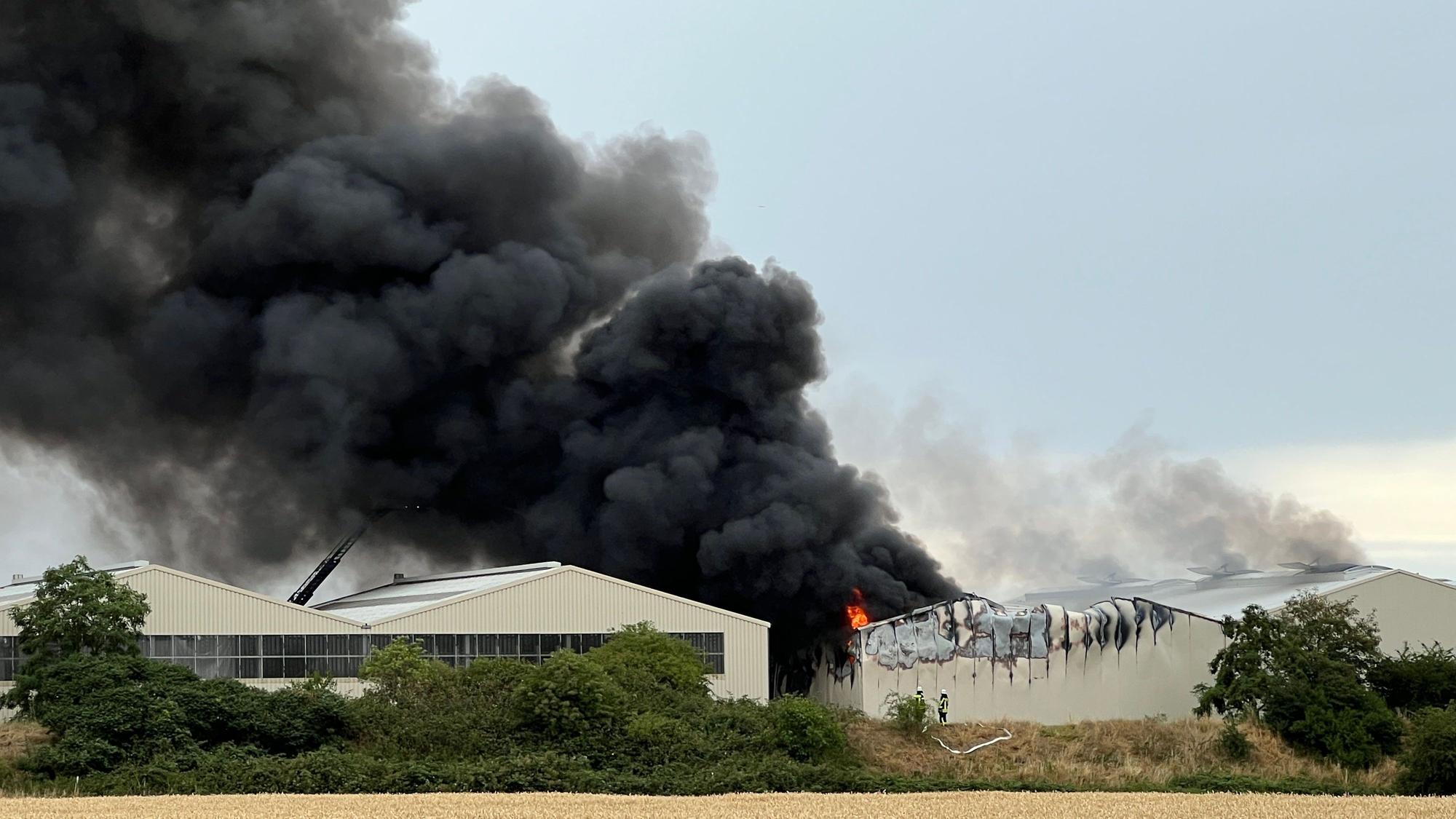 Eine dunkle Rauchwolke war bei dem Brand in einem Entsorgungsbetrieb in Swisttal im Juli 2025 kilometerweit zu sehen. (Archivbild)