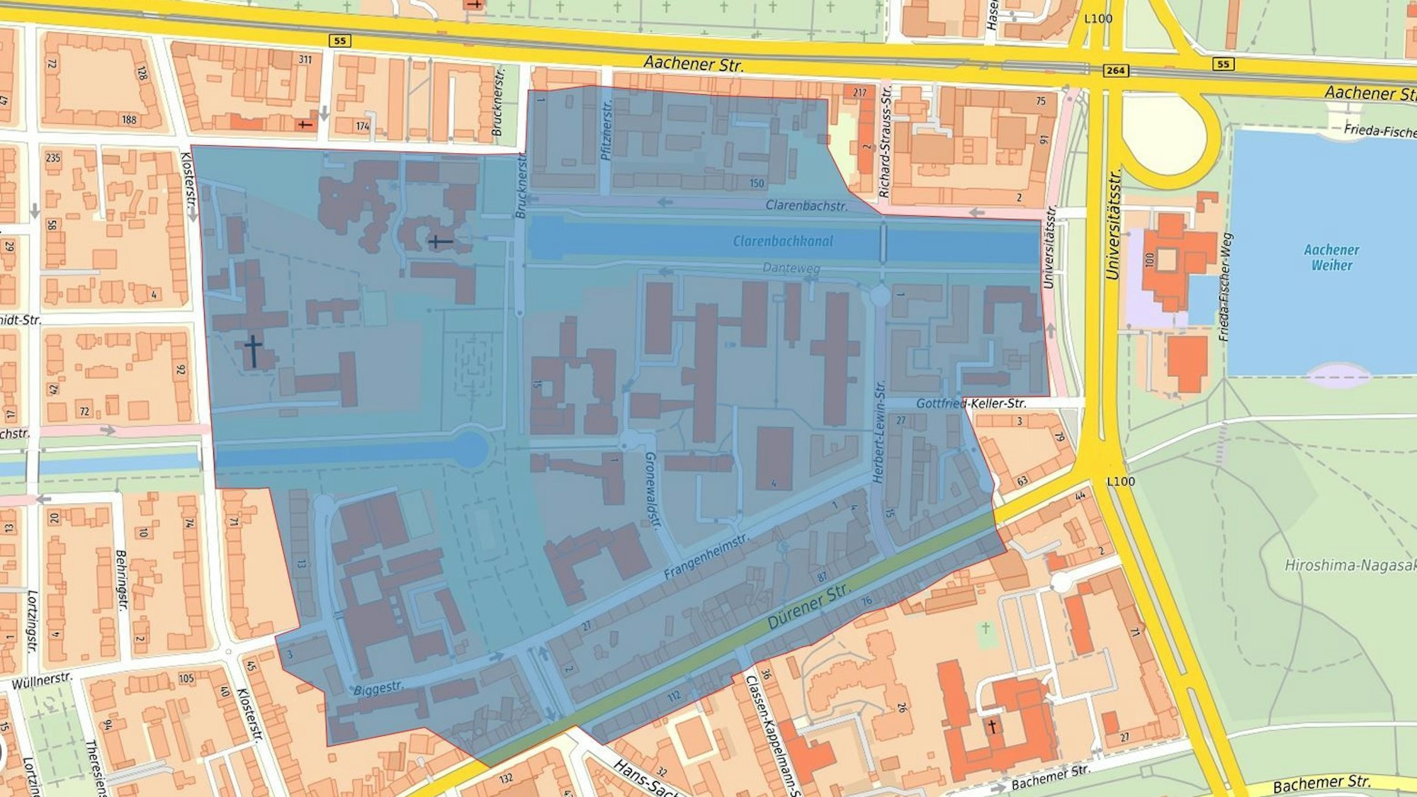 Die Karte zeigt den Radius der Evakuierung Köln-Lindenthal am 05.08.2025
