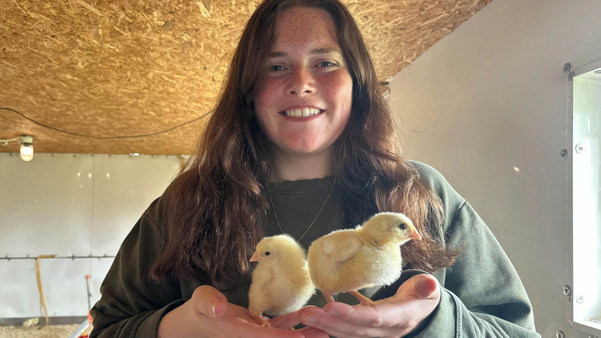 Anna Telohe (26) ist in den elterlichen Betrieb eingestiegen, hier mit zwei jungen Masthähnchen auf dem Geflügelhof Wirtz.