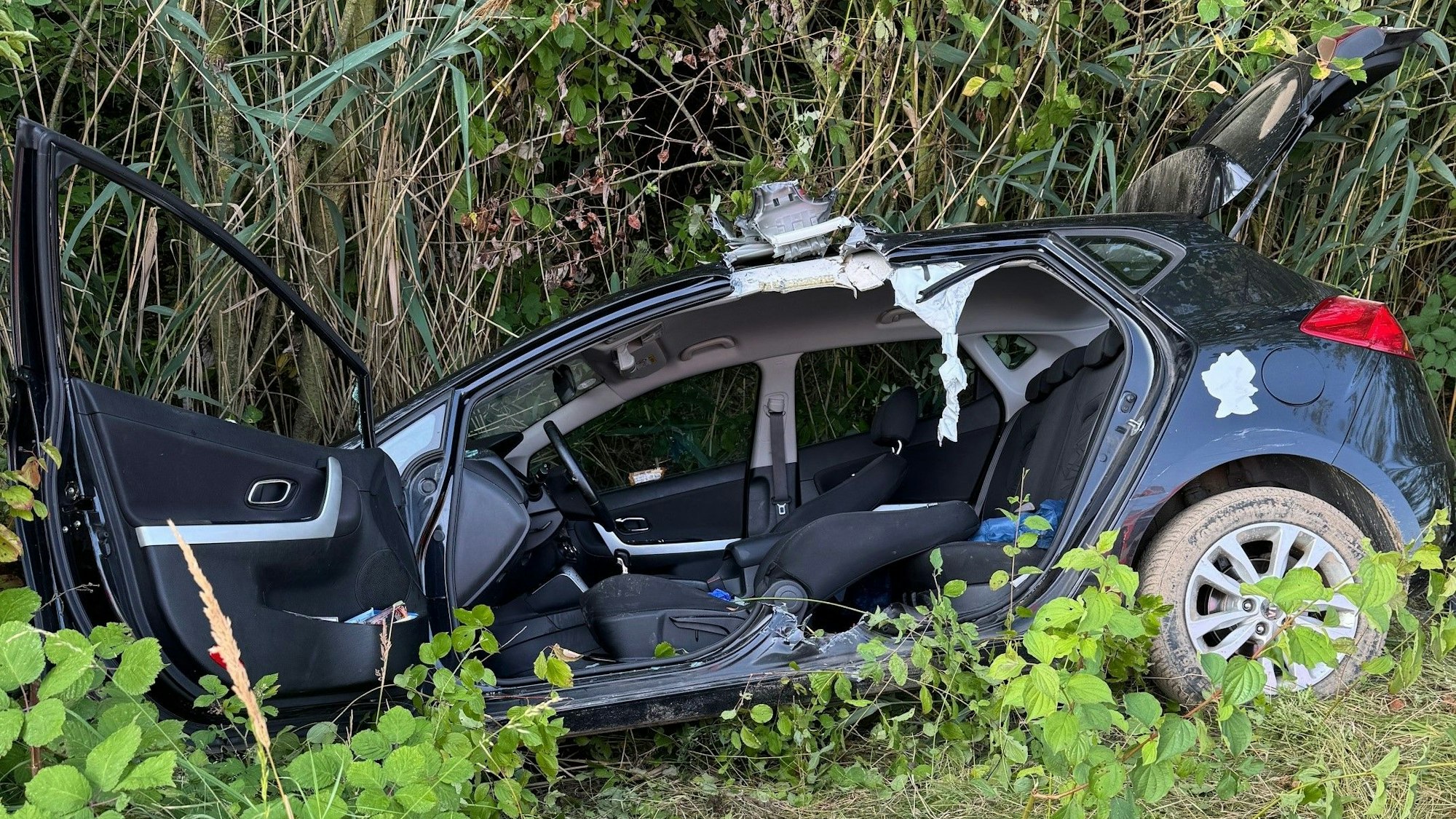 Das Bild zeigt einen Kleinwagen in einem Straßengraben.