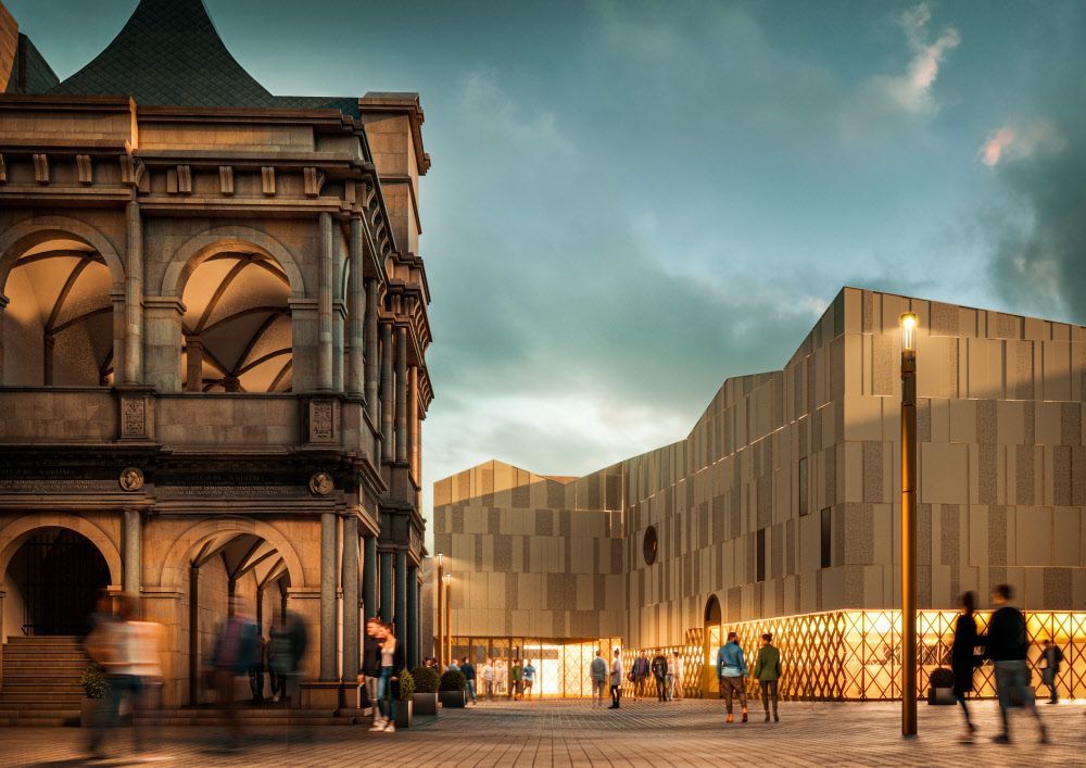 In kräftigen Farben stellt diese Visualisierung das Historische Rathaus und das Miqua (rechts) dar.