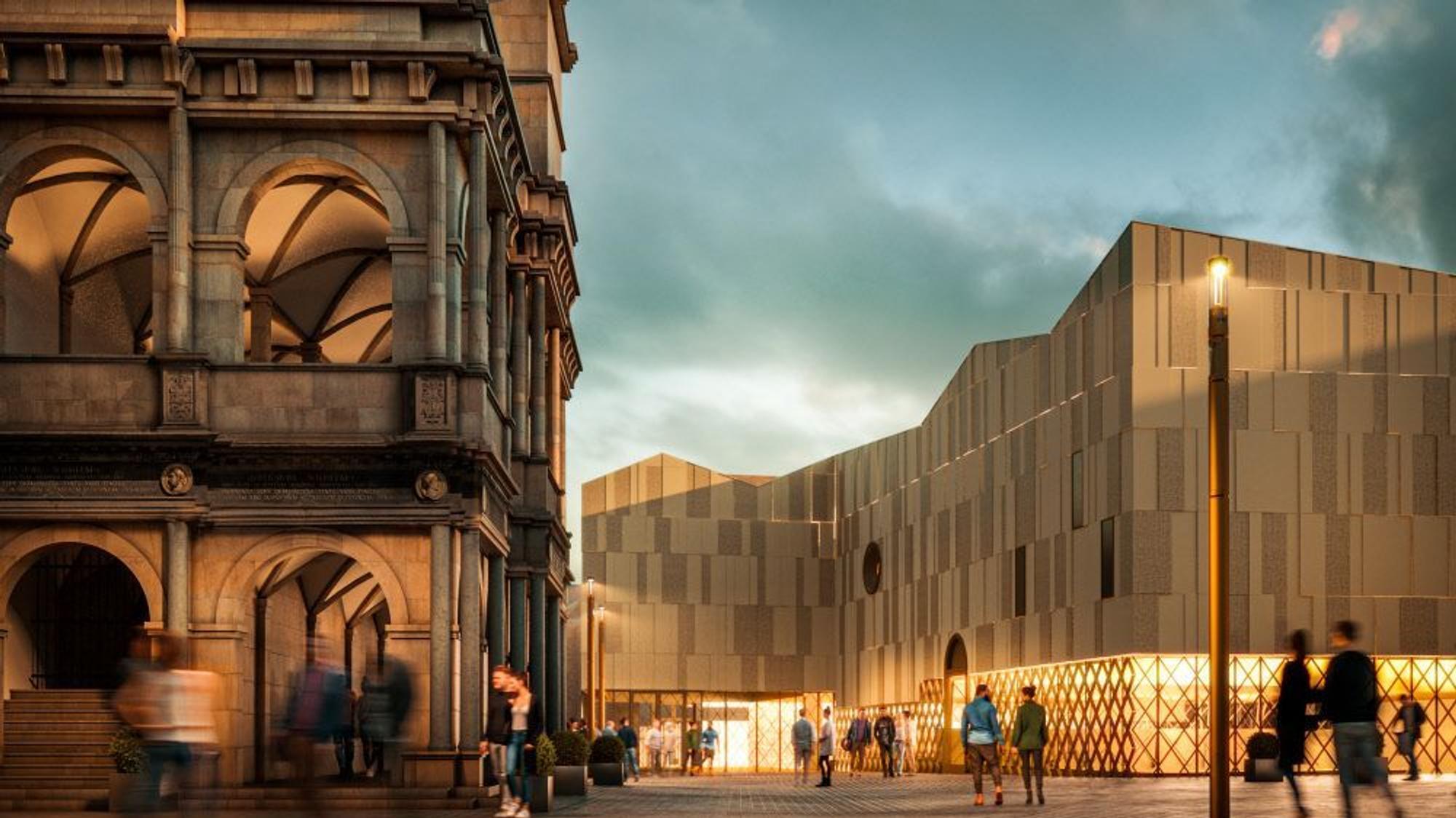 In kräftigen Farben stellt diese Visualisierung das Historische Rathaus und das Miqua (rechts) dar.